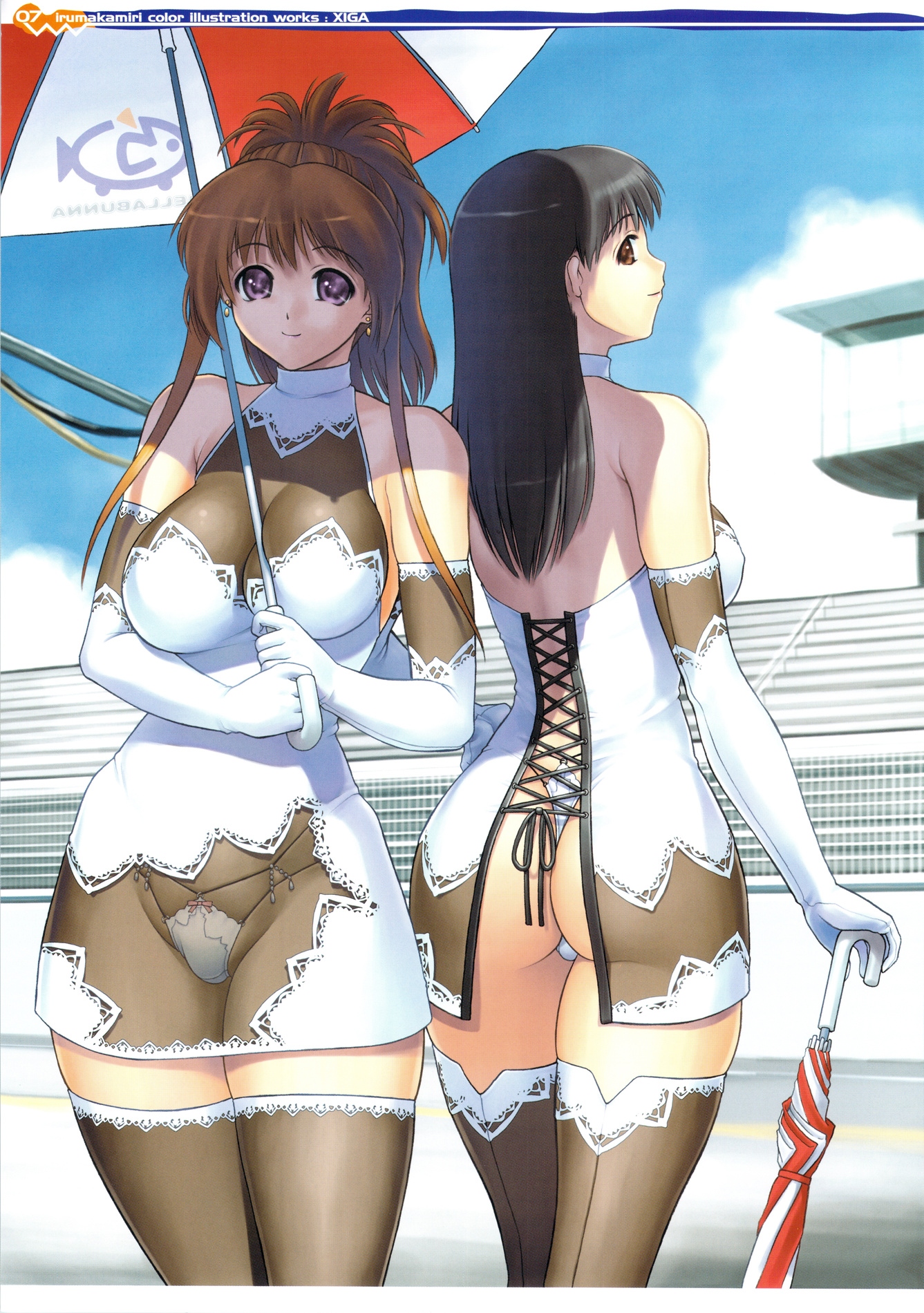 iruma kamiri, original, brown legwear, highres, 2girls, ass, back, bare shoulders, black hair, bow, bow panties, breasts, brown eyes, brown hair, cleavage, cloud, dress, earrings, elbow gloves, female focus, gloves, groin, halterneck, hand on own hip, holding, jewelry, large breasts, long hair, looking at viewer, looking back, multiple girls, no bra, outdoors, panties, ponytail, profile, purple eyes, race queen, see-through clothes, shade, sideboob, skindentation, sky, smile, standing, straight hair, thighhighs, thighs, thong, umbrella, underwear, white gloves, white panties, zettai ryouiki