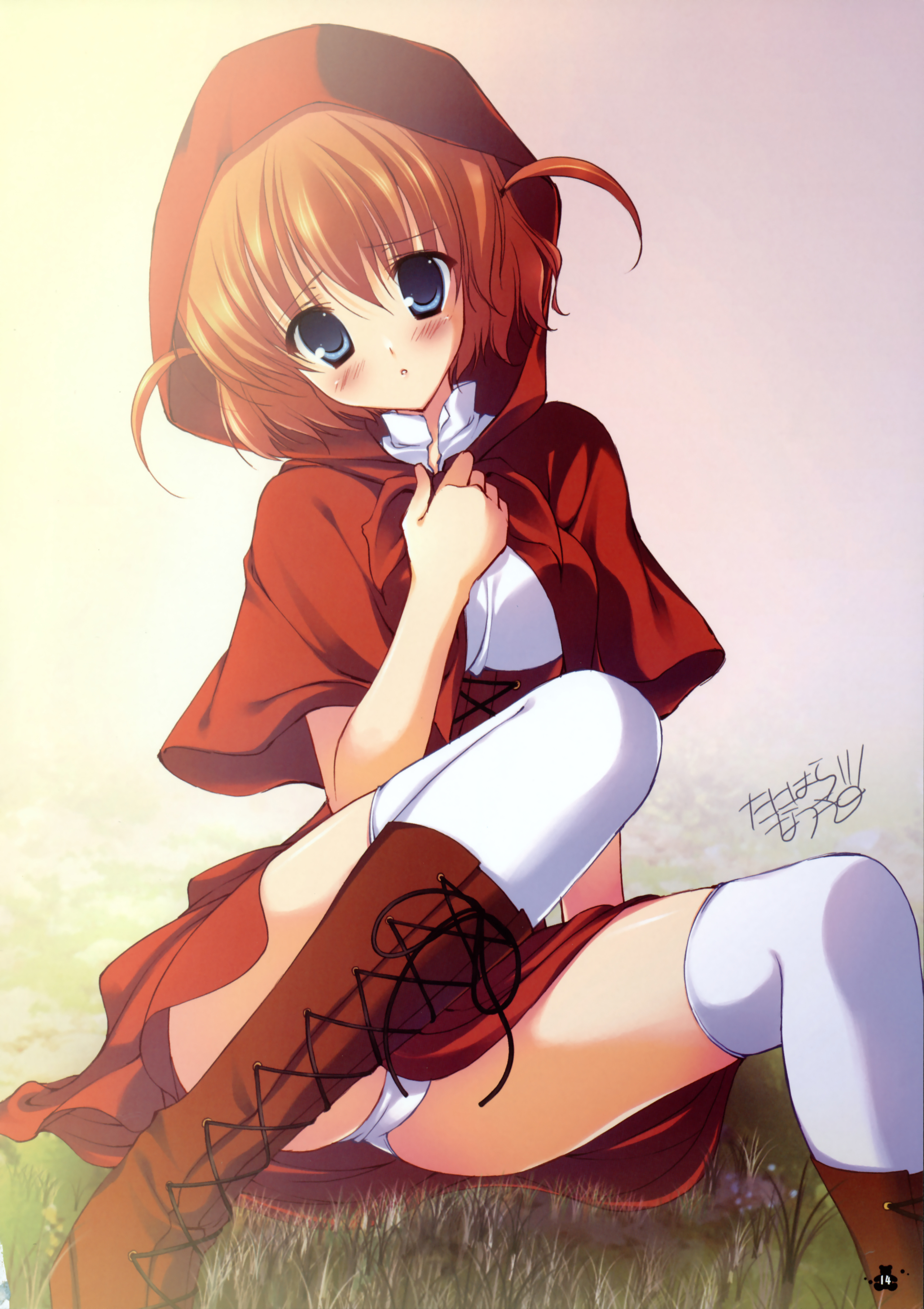 tanihara natsuki, little red riding hood (fairy tale character), little red riding hood (fairy tale), absurdres, highres, 1girl, blue eyes, blush, boots, cape, female focus, grass, hood, knee boots, lace-up boots, orange hair, panties, pantyshot, short hair, short twintails, sitting, solo, thighhighs, twintails, two side up, underwear, white panties, white thighhighs