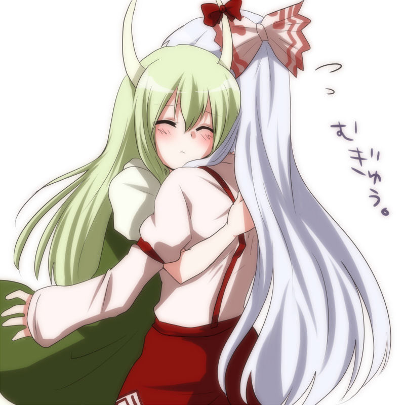 marimo danshaku, ex-keine, fujiwara no mokou, kamishirasawa keine, touhou, silver hair, bad id, bad pixiv id, 2girls, bow, closed eyes, couple, female focus, green hair, horns, hug, long hair, multiple girls, suspenders, yuri