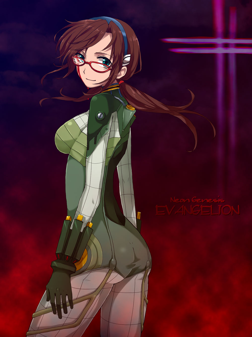 hattori masaki, makinami mari illustrious, neon genesis evangelion, rebuild of evangelion, bad id, bad pixiv id, highres, 00s, 1girl, aqua eyes, arms at sides, ass, blood, blood on face, bodysuit, bracer, breasts, broken, broken eyewear, brown hair, copyright name, cowboy shot, dimples of venus, female focus, floating hair, from side, glasses, gloves, large breasts, light smile, long hair, looking at viewer, looking back, low twintails, mecha pilot suit, parted bangs, plugsuit (evangelion), red-framed eyewear, scrunchie, smile, solo, taut clothes, turtleneck, twintails