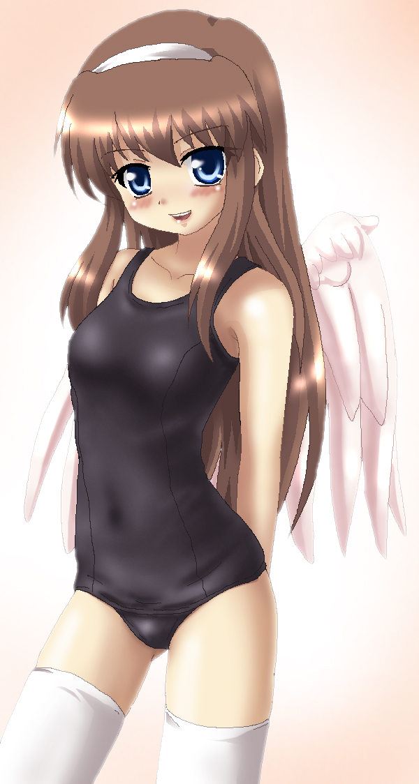 hayashiya zankurou, m.u.g.e.n, bad id, bad pixiv id, 1girl, black one-piece swimsuit, blue eyes, brown hair, female focus, gradient background, long hair, one-piece swimsuit, school swimsuit, solo, swimsuit, thighhighs, wings