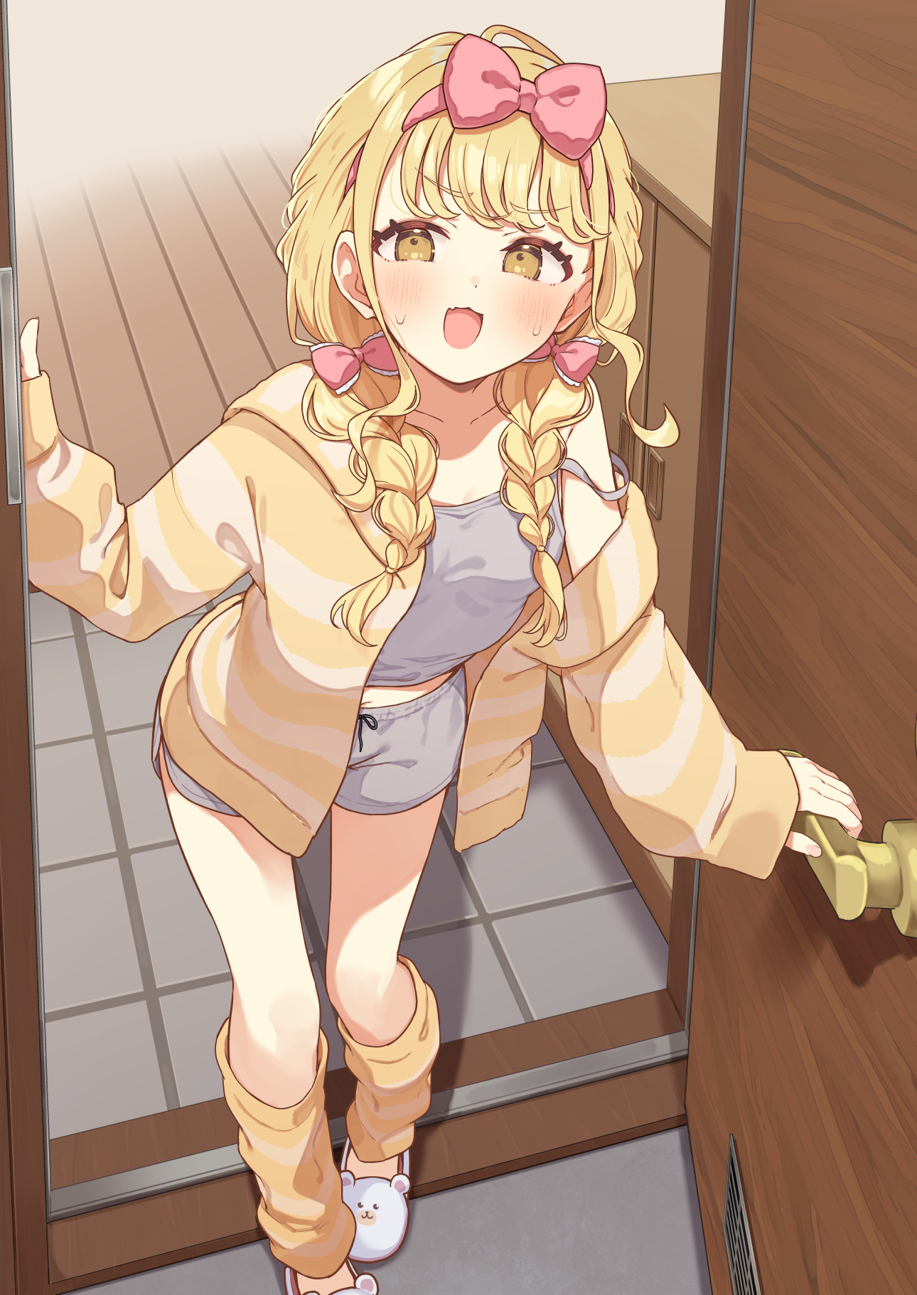 monobe tsukuri, fujita kotone, gakuen idolmaster, idolmaster, commentary request, highres, 1girl, animal slippers, bear slippers, blonde hair, blush, bow, braid, breasts, collarbone, dot nose, eyelashes, grey shirt, grey shorts, hair bow, jacket, leg warmers, legs, long hair, long sleeves, looking at viewer, low twin braids, messy hair, open clothes, open jacket, open mouth, opening door, pink bow, shirt, shorts, sidelocks, slippers, small breasts, solo, sweat, tank top, thighs, twin braids, wooden floor, yellow eyes, yellow jacket, yellow leg warmers