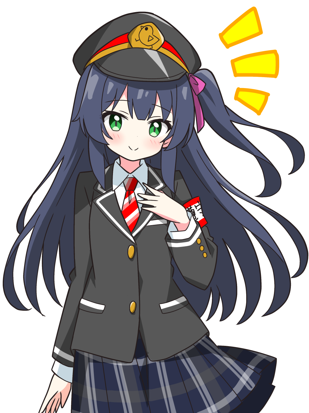 kotatsu-mazoku, original, commentary request, highres, 1girl, armband, black hat, blazer, blue hair, blue skirt, blush, buttons, closed mouth, collared shirt, cowboy shot, dot nose, green eyes, hair ribbon, hand up, hat, jacket, long hair, long sleeves, looking at viewer, necktie, notice lines, one side up, pink ribbon, plaid clothes, plaid skirt, pleated skirt, red necktie, ribbon, school uniform, shirt, simple background, skirt, smile, solo, striped necktie, white background, white shirt