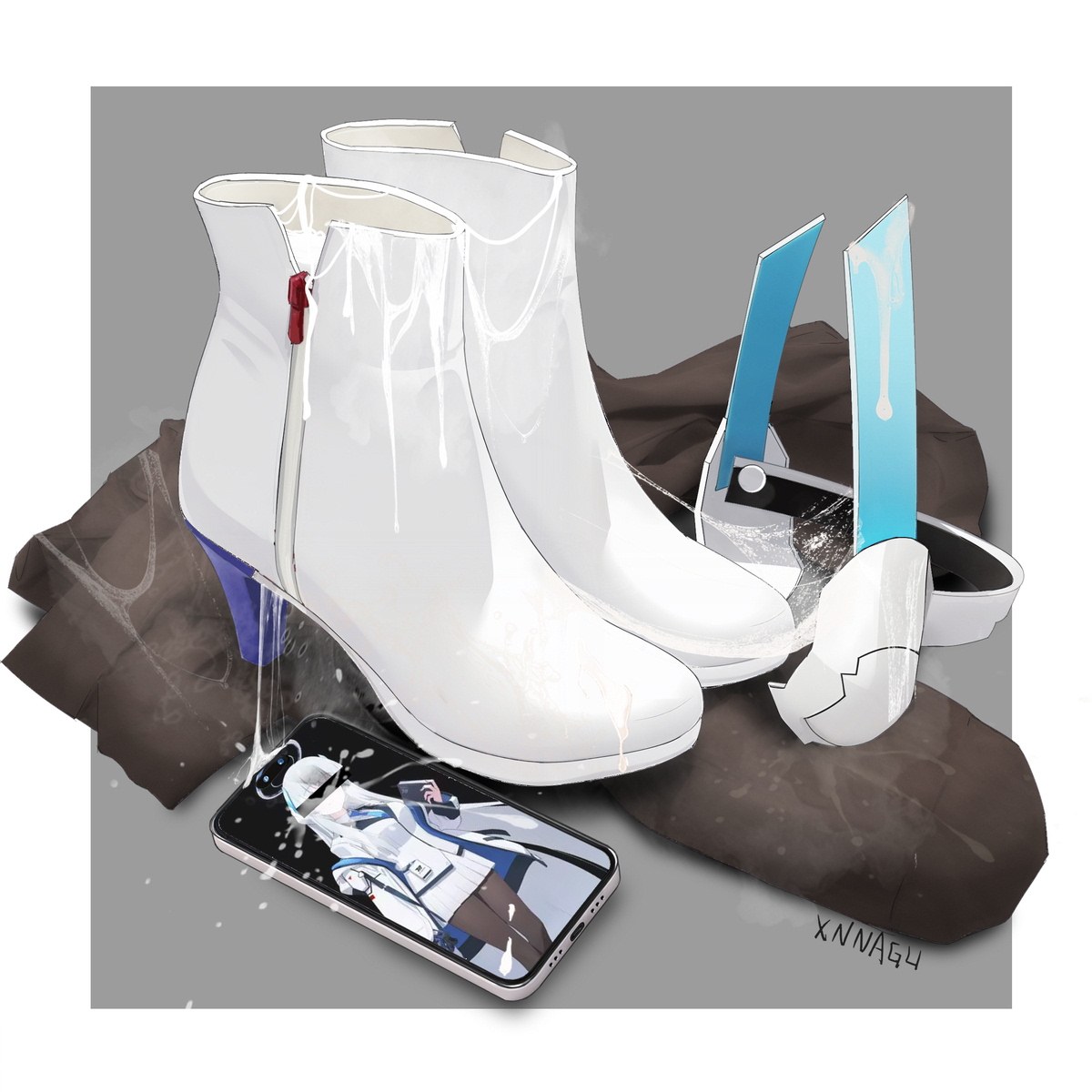 xnnagu, noa (blue archive), blue archive, commentary request, highres, ankle boots, black pantyhose, blue necktie, boots, cum, cum in footwear, formal clothes, halo, high heel boots, high heels, jacket, long hair, long sleeves, mechanical halo, millennium science school logo, necktie, no humans, pantyhose, phone, simple background, suit, unworn boots, unworn pantyhose, very long hair, white hair, white jacket, white suit