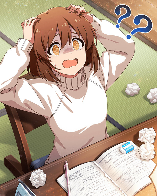 hagiwara yukiho, idolmaster, idolmaster million live!, idolmaster million live! theater days, game cg, official art, 1girl, ?, ??, @ @, bag, brown eyes, brown hair, card (medium), chair, crumpled paper, eraser, hands on own head, notebook, open mouth, pen, shaded face, solo, sweater, table, tatami, turtleneck, turtleneck sweater, zipper
