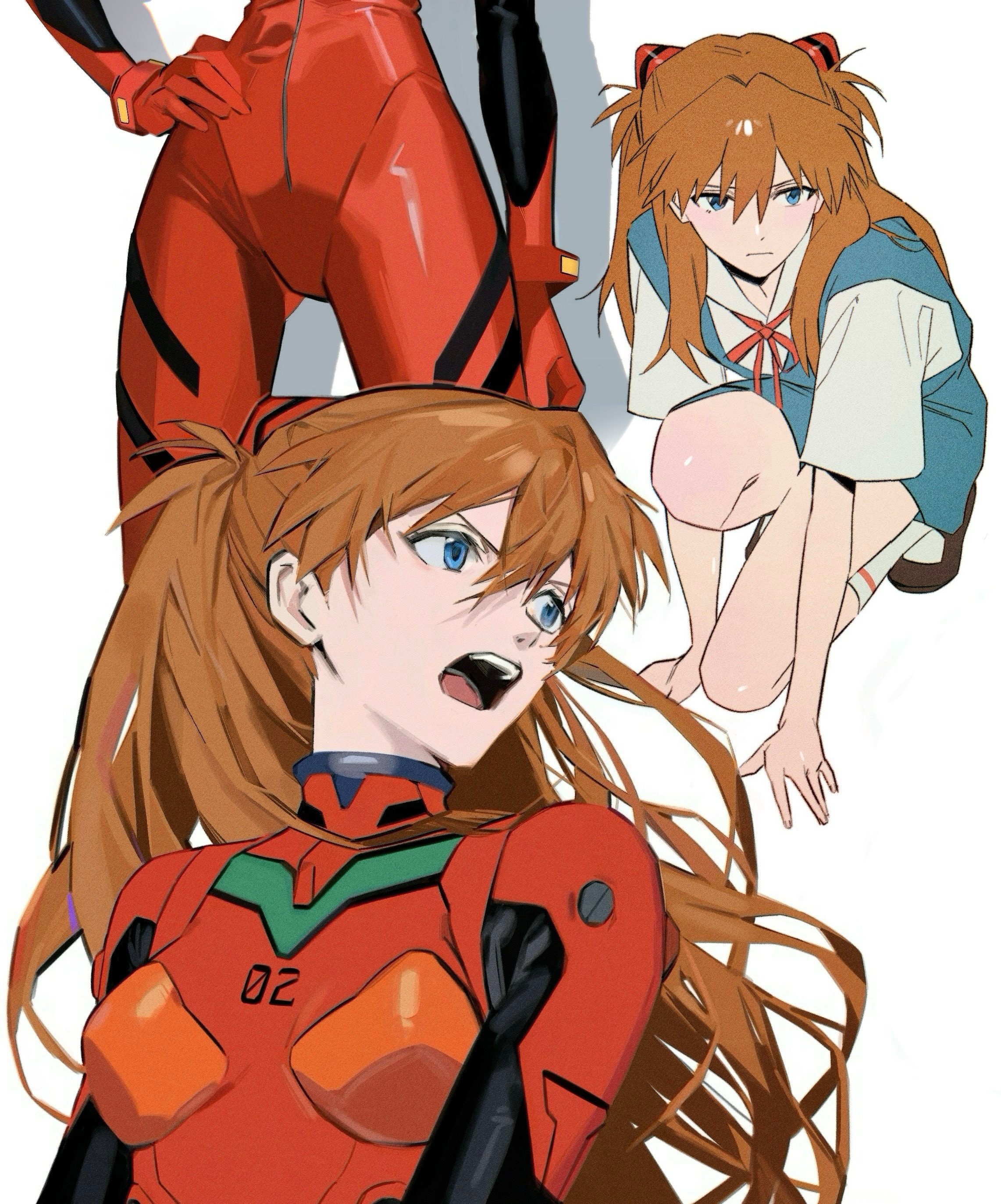 seeuagain5353, souryuu asuka langley, neon genesis evangelion, absurdres, highres, 1girl, black shoes, blue eyes, blue skirt, bodysuit, breasts, brown hair, closed mouth, collared shirt, hair between eyes, hand on own hip, interface headset (evangelion), long hair, mecha pilot suit, medium skirt, multiple views, narrow waist, open mouth, plugsuit (evangelion), red bodysuit, red ribbon, ribbon, school uniform, shirt, shoes, simple background, skirt, socks, teeth, tokyo-3 middle school uniform, white background, white shirt, white socks