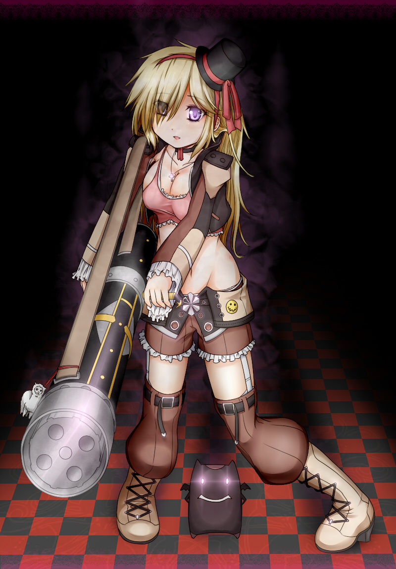 haty, deviruchi, gunslinger (ragnarok online), mahou shoujo madoka magica, ragnarok online, commentary request, 1girl, black hat, blonde hair, boots, breasts, brown jacket, brown thighhighs, checkered floor, crop top, cross, cross necklace, eyes visible through hair, frilled sleeves, frills, full body, gatling gun, gun, hair between eyes, hair over one eye, hairband, hat, holding, holding gun, holding weapon, jacket, jewelry, large breasts, long bangs, long hair, long sleeves, looking at viewer, mini hat, mini top hat, minigun, navel, necklace, open mouth, parody, pink tank top, purple eyes, red hairband, smile, solo, standing, tank top, thighhighs, top hat, weapon, white boots