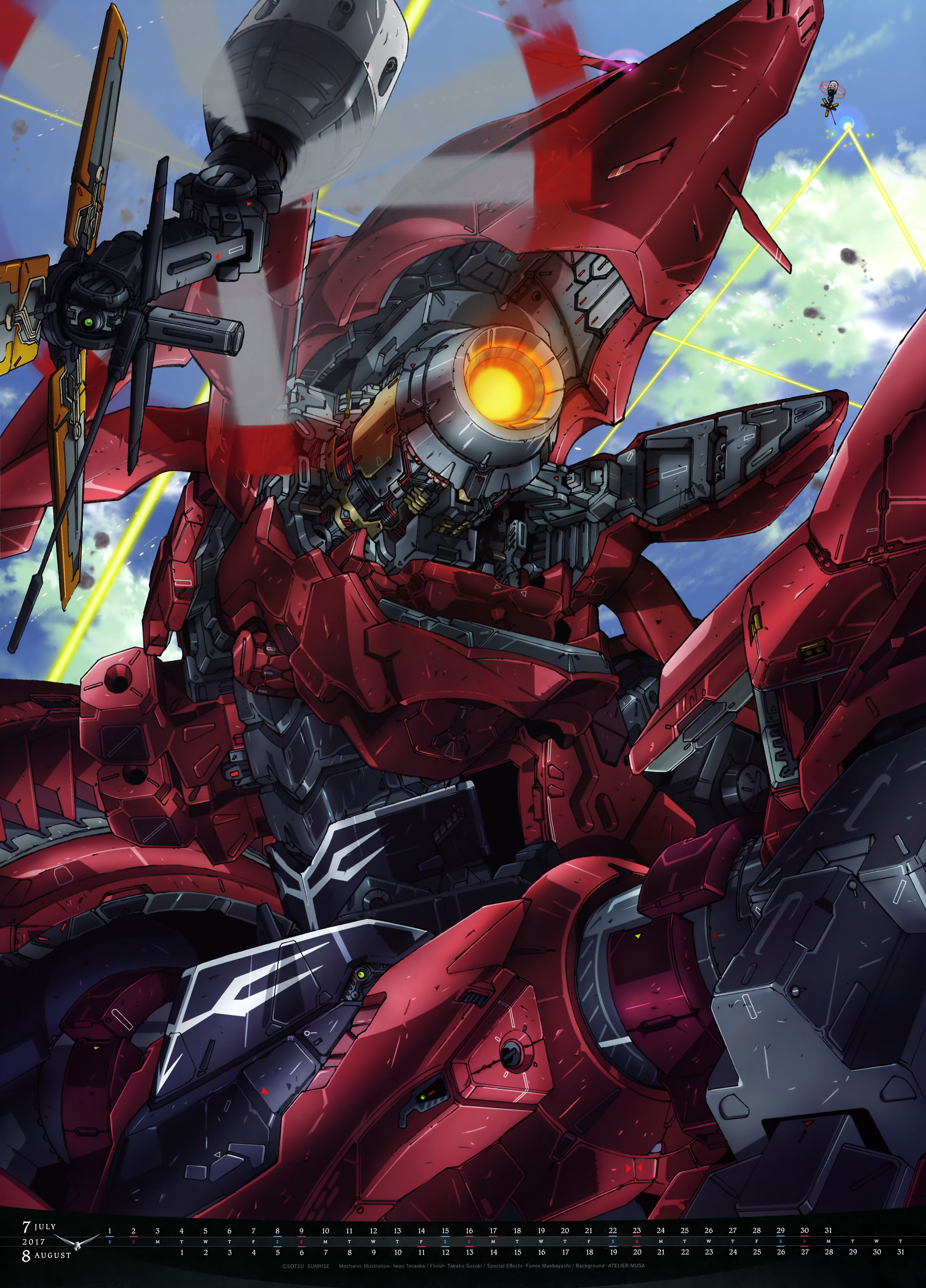teraoka iwao, shamblo, gundam, gundam unicorn, absurdres, highres, scan, traditional media, battle, beam cannon, cable, calendar (medium), damaged, debris, dirty, drone, energy, firing, flying, glowing, machinery, mecha, mecha focus, mobile armor, muzzle flash, neo zeon, no humans, realistic, robot, science fiction