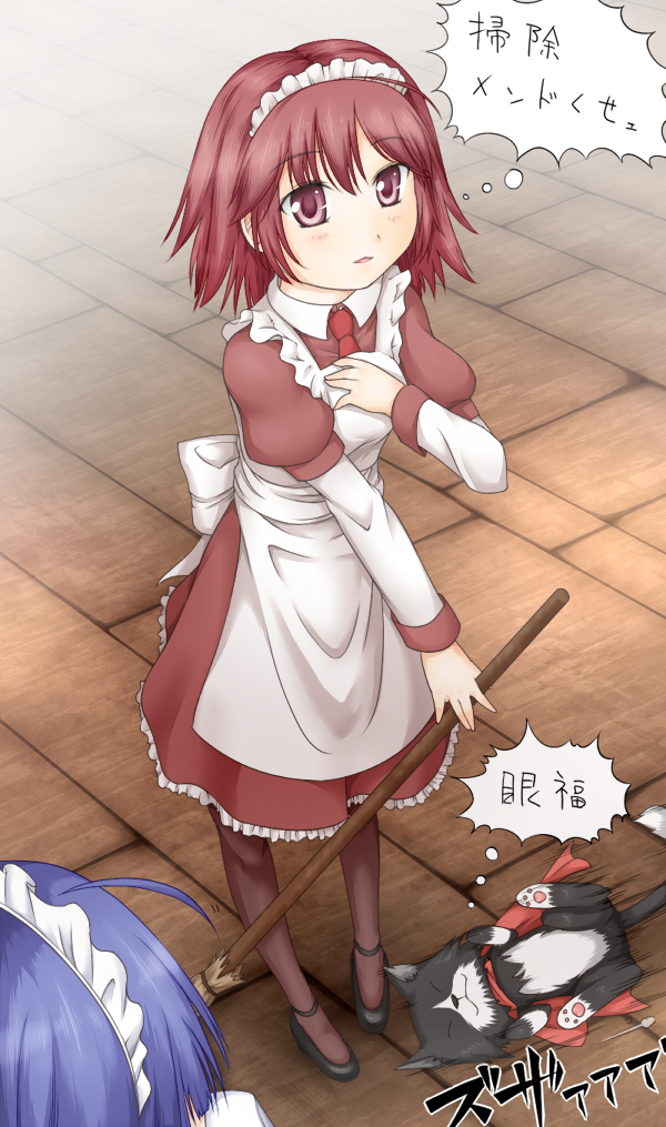 haty, alice (ragnarok online), aliza (ragnarok online), wildrose, ragnarok online, commentary request, translation request, 2girls, ahoge, apron, black cat, black shoes, blue hair, blush, broom, brown dress, brown hair, brown pantyhose, cat, dress, frilled dress, frills, full body, holding, holding broom, layered sleeves, long sleeves, looking at another, maid, maid headdress, multiple girls, necktie, open mouth, pantyhose, purple eyes, red necktie, shoes, short hair, short over long sleeves, short sleeves, smile, solo focus, standing, tile floor, tiles, white apron