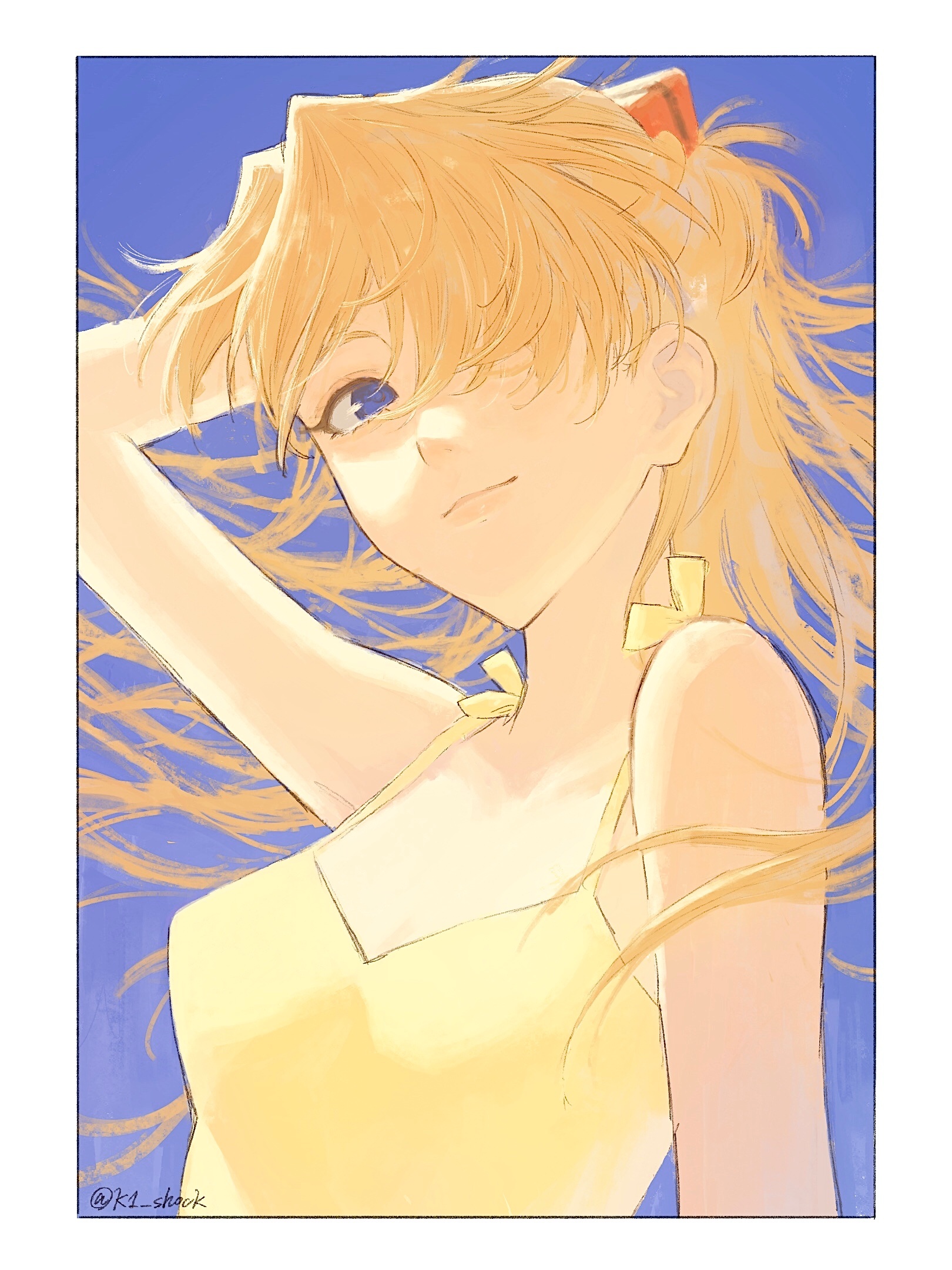 souryuu asuka langley, neon genesis evangelion, commentary request, highres, 1girl, arm behind head, arm up, blue background, blue eyes, border, breasts, dress, floating hair, hair over one eye, k1 shock, long hair, orange hair, simple background, smile, solo, twitter username, white border, yellow dress