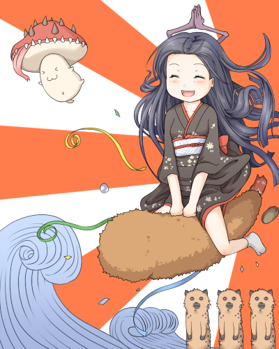 haty, miyabi doll, spore (ragnarok online), ragnarok online, commentary request, lowres, 1girl, :3, black hair, black kimono, closed eyes, creature, floating hair, food, full body, grey socks, hyena, japanese clothes, kimono, long hair, obi, open mouth, orange background, roween (ragnarok online), sash, shrimp, shrimp tempura, smile, socks, solo, sunburst, sunburst background, tabi, tempura, waves, white background, white sash