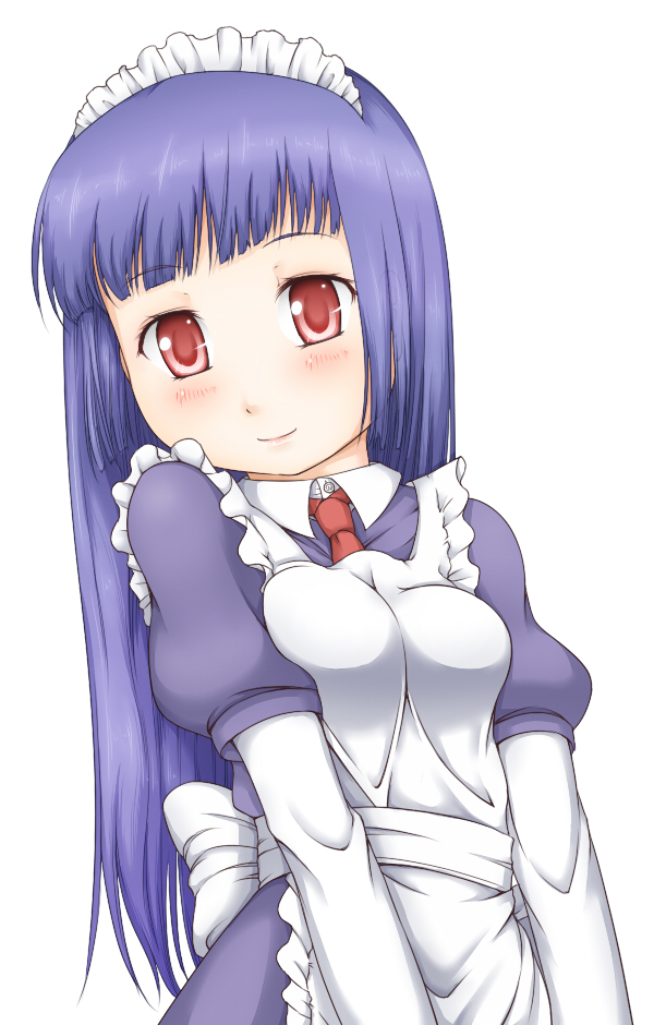 haty, alice (ragnarok online), ragnarok online, commentary request, 1girl, apron, blue hair, blunt bangs, blush, breasts, closed mouth, collared dress, dress, layered sleeves, long hair, long sleeves, looking at viewer, maid, maid headdress, medium breasts, necktie, purple dress, red eyes, red necktie, short over long sleeves, short sleeves, simple background, smile, solo, upper body, white apron, white background