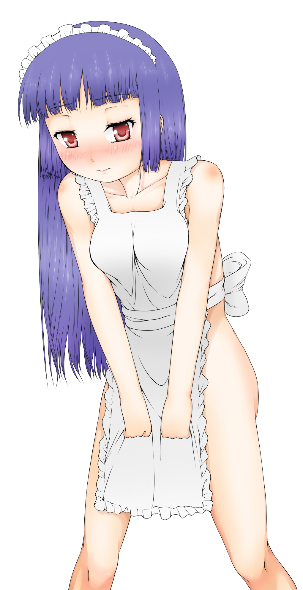haty, alice (ragnarok online), ragnarok online, commentary request, highres, 1girl, apron, blunt bangs, blush, breasts, closed mouth, feet out of frame, long hair, looking at viewer, maid, maid headdress, medium breasts, naked apron, nose blush, purple hair, red eyes, simple background, solo, standing, white apron, white background