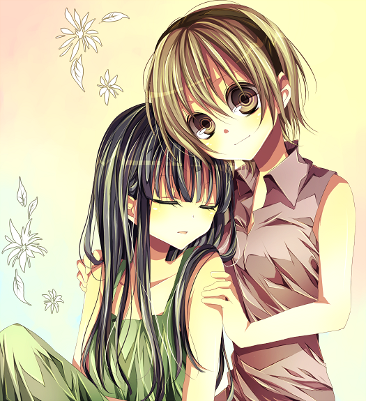 tsukioka tsukiho, furude rika, houjou satoko, higurashi no naku koro ni, bad id, bad pixiv id, 00s, blonde hair, blue hair, brown eyes, casual, closed eyes, dress, hairband, long hair, short hair, sleeping, sundress