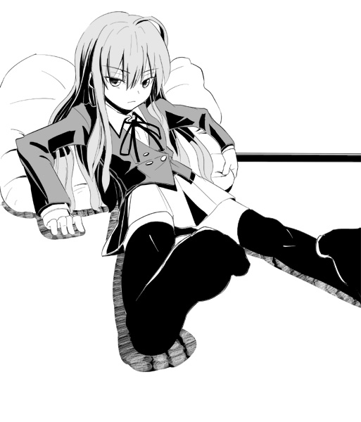 oomori makoto, aisaka taiga, toradora!, 00s, feet, foreshortening, greyscale, long hair, lying, monochrome, pillow, pov, school uniform, socks, thighhighs