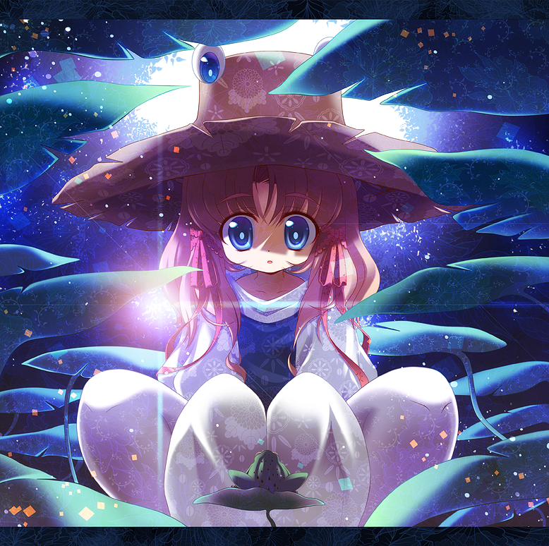 goriyaku, moriya suwako, touhou, 1girl, blonde hair, blue eyes, female focus, frog, gradient background, hat, kneeling, nature, plant, short hair, solo, thighhighs