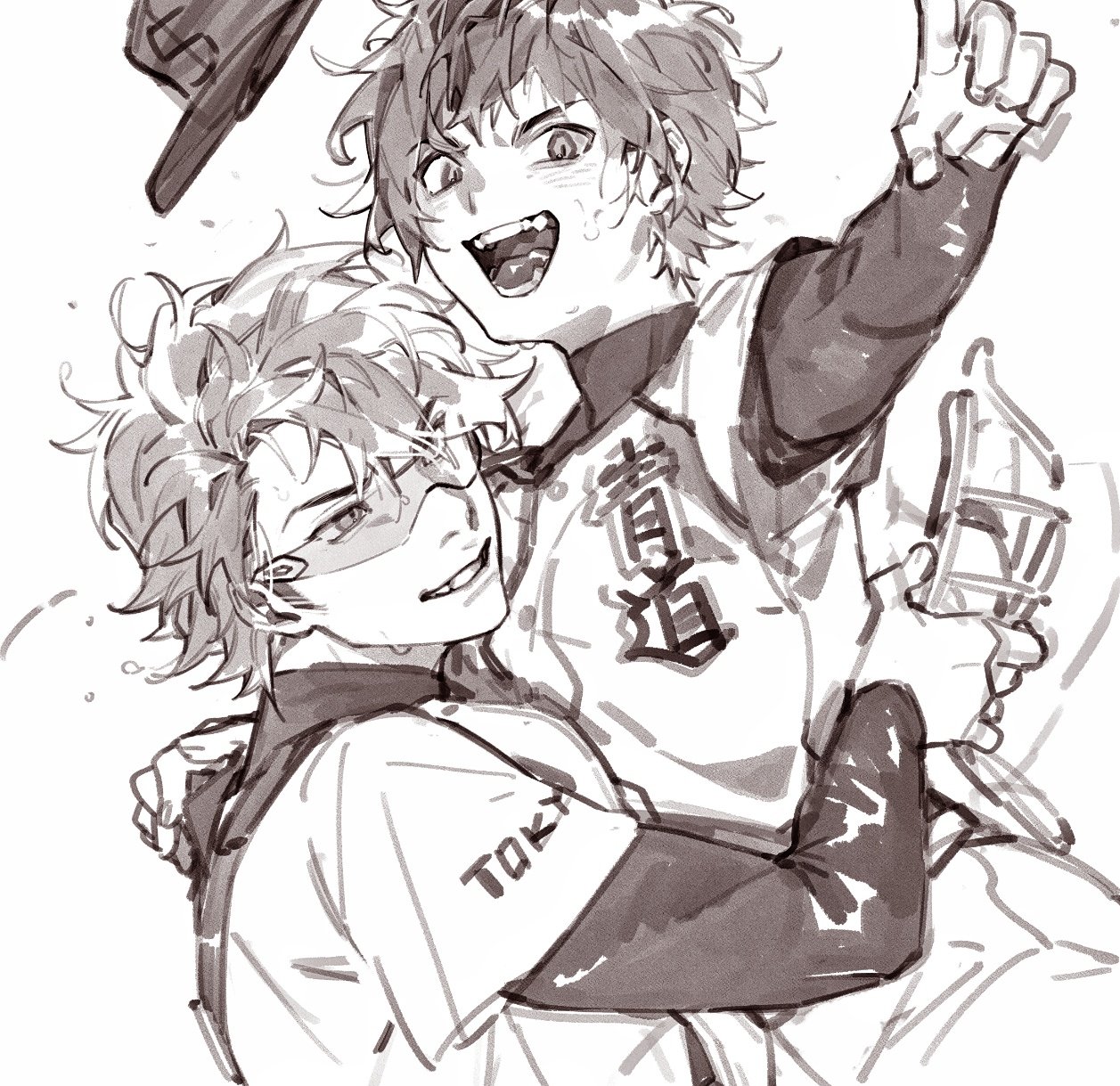 mafuin da, miyuki kazuya, sawamura eijun, ace of diamond, highres, 2boys, baseball cap, baseball helmet, baseball jersey, baseball uniform, carrying, carrying person, compression shirt, fangs, floating hat, goggles, greyscale, hat, helmet, holding, holding unworn helmet, jersey, male focus, monochrome, multiple boys, open mouth, short hair, simple background, smile, sportswear, sweat, teeth, unworn headwear, unworn helmet, white background