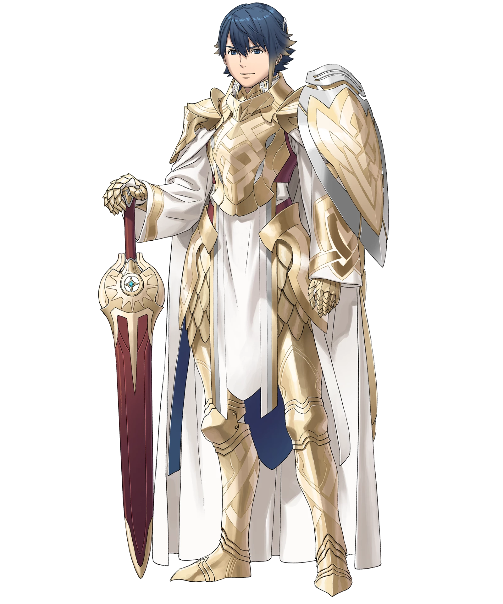 alfonse (fire emblem), fire emblem, fire emblem heroes, nintendo, highres, non-web source, official art, 1boy, alfonse (opening miracle) (fire emblem), arm shield, blue eyes, cape, gold trim, gradient hair, looking at viewer, multicolored hair, official alternate costume, pelvic curtain, shield, solo, sword, tachi-e, weapon, white cape