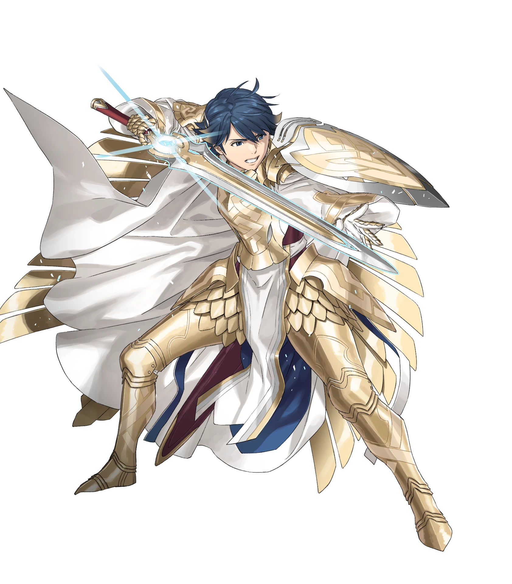 alfonse (fire emblem), fire emblem, fire emblem heroes, nintendo, highres, non-web source, official art, 1boy, alfonse (opening miracle) (fire emblem), arm shield, attack, blue eyes, cape, clenched teeth, gold trim, gradient hair, holding, holding sword, holding weapon, multicolored hair, official alternate costume, pelvic curtain, shield, solo, sword, teeth, v-shaped eyebrows, weapon, white cape