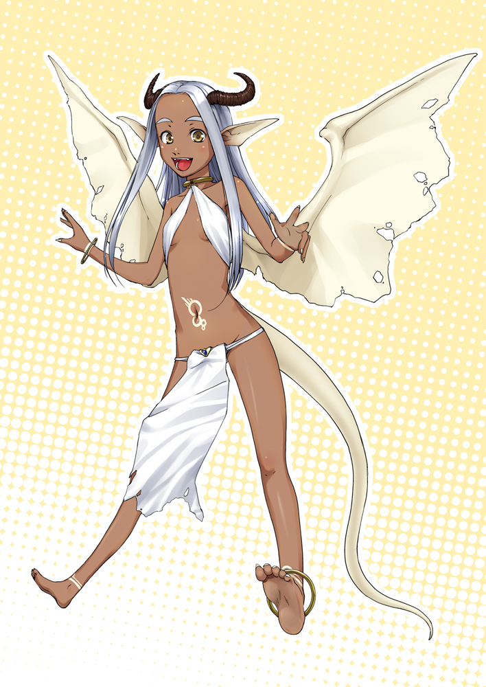 heibonkaeru, original, silver hair, 1girl, anklet, barefoot, blush, bracelet, collar, dark-skinned female, dark skin, feet, female focus, horns, jewelry, legs, loincloth, long hair, pointy ears, soles, solo, wings, yellow eyes
