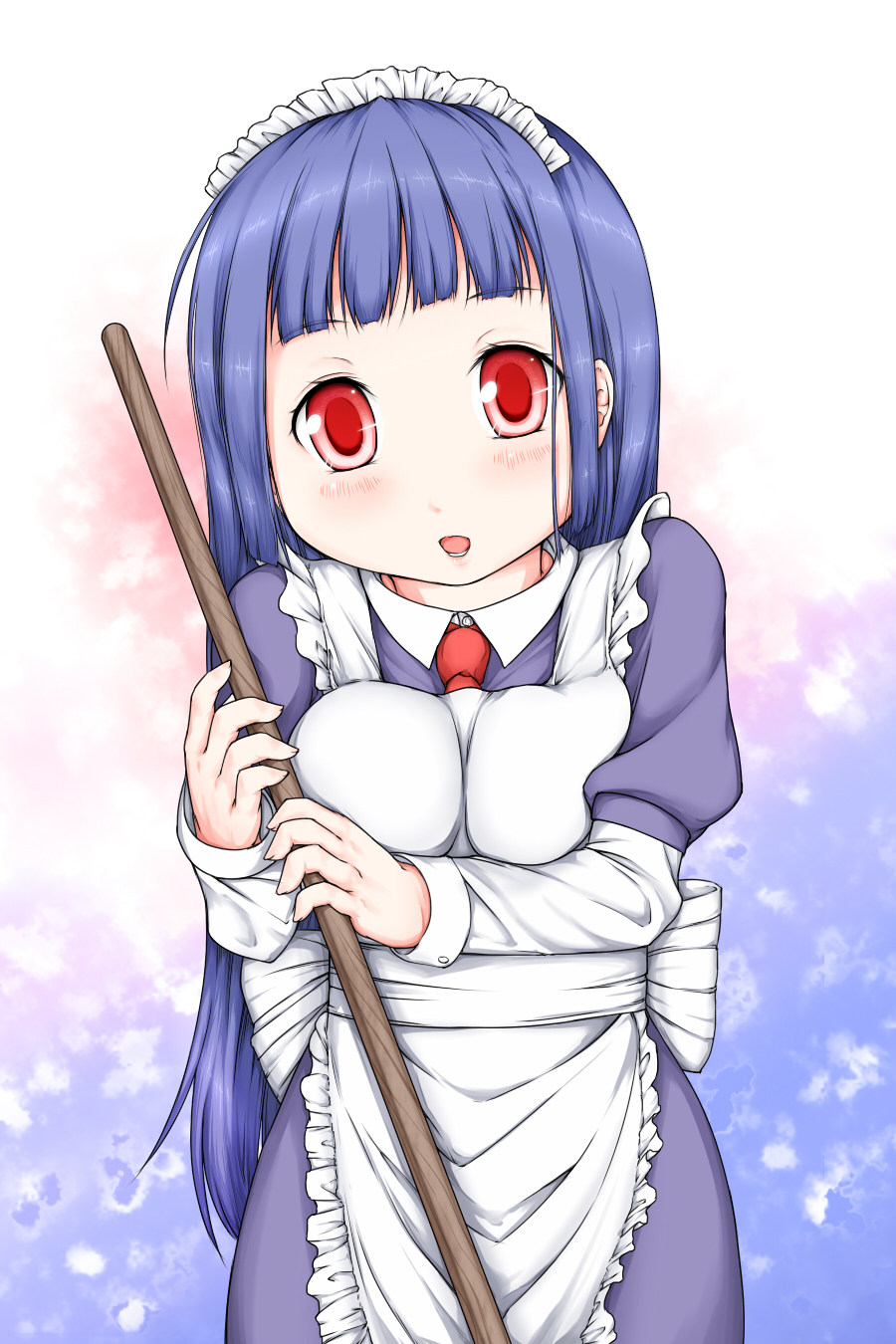 haty, alice (ragnarok online), ragnarok online, commentary request, highres, 1girl, apron, blue eyes, blue hair, blunt bangs, blush, breasts, broom, cowboy shot, dress, holding, holding broom, long hair, looking at viewer, maid, maid headdress, medium breasts, necktie, open mouth, purple dress, red eyes, red necktie, solo, white apron