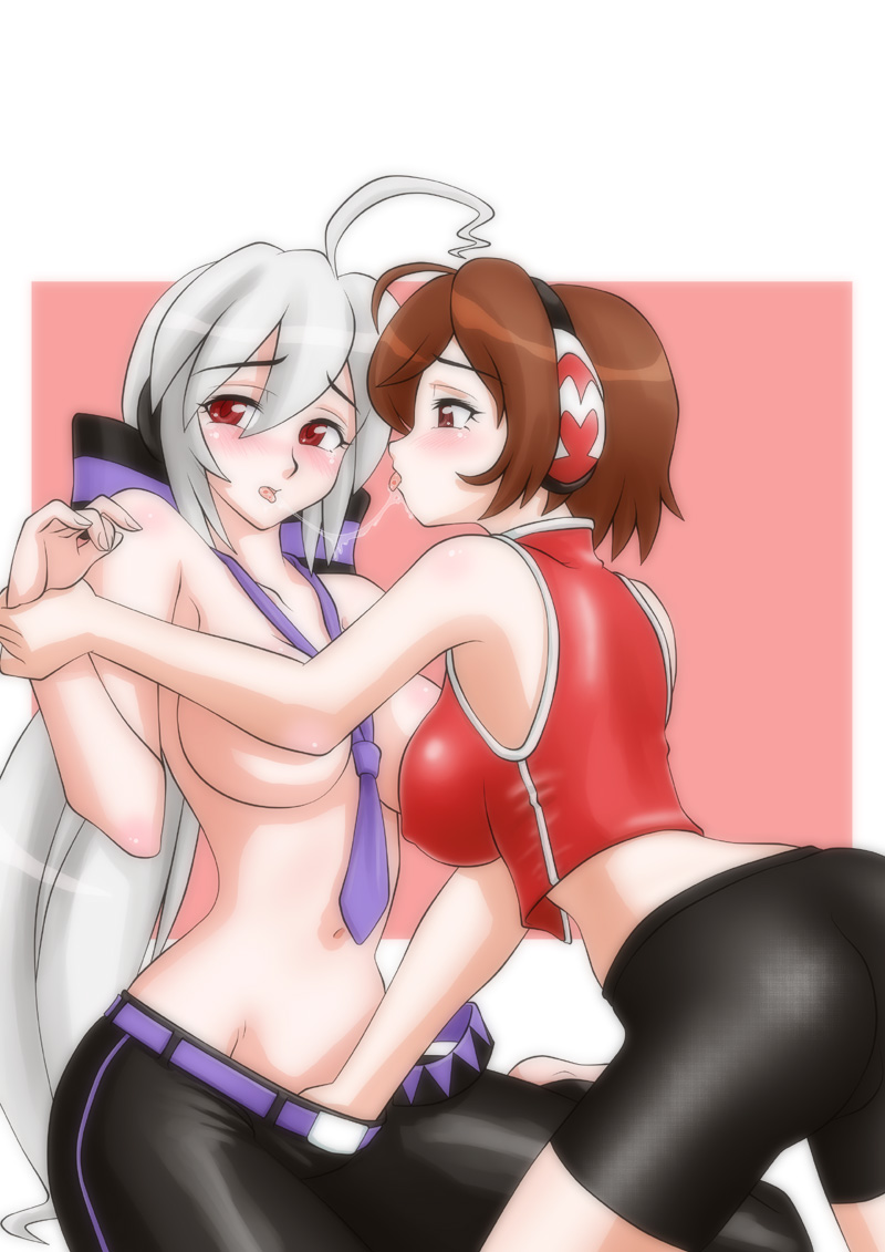 nakao, meiko (vocaloid), yowane haku, project diva, project diva (series), vocaloid, silver hair, 2girls, ahoge, ass, bike shorts, breasts, brown eyes, brown hair, censored, convenient arm, convenient censoring, covered erect nipples, hand in pants, headphones, large breasts, long hair, multiple girls, necktie, red eyes, saliva, saliva trail, spandex, topless female, yuri