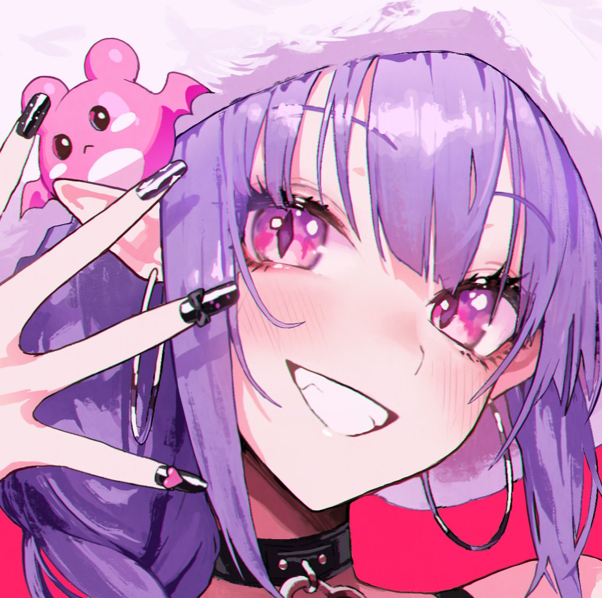 migu (iws2525), indie virtual youtuber, commentary, highres, symbol-only commentary, 1girl, black bow, black choker, black nails, blunt bangs, blush, bow, choker, demon girl, earrings, fingernails, gim aenggo, grin, hat, hat ornament, heart, hoop earrings, jewelry, long fingernails, looking at viewer, pointy ears, portrait, purple hair, slit pupils, smile, solo