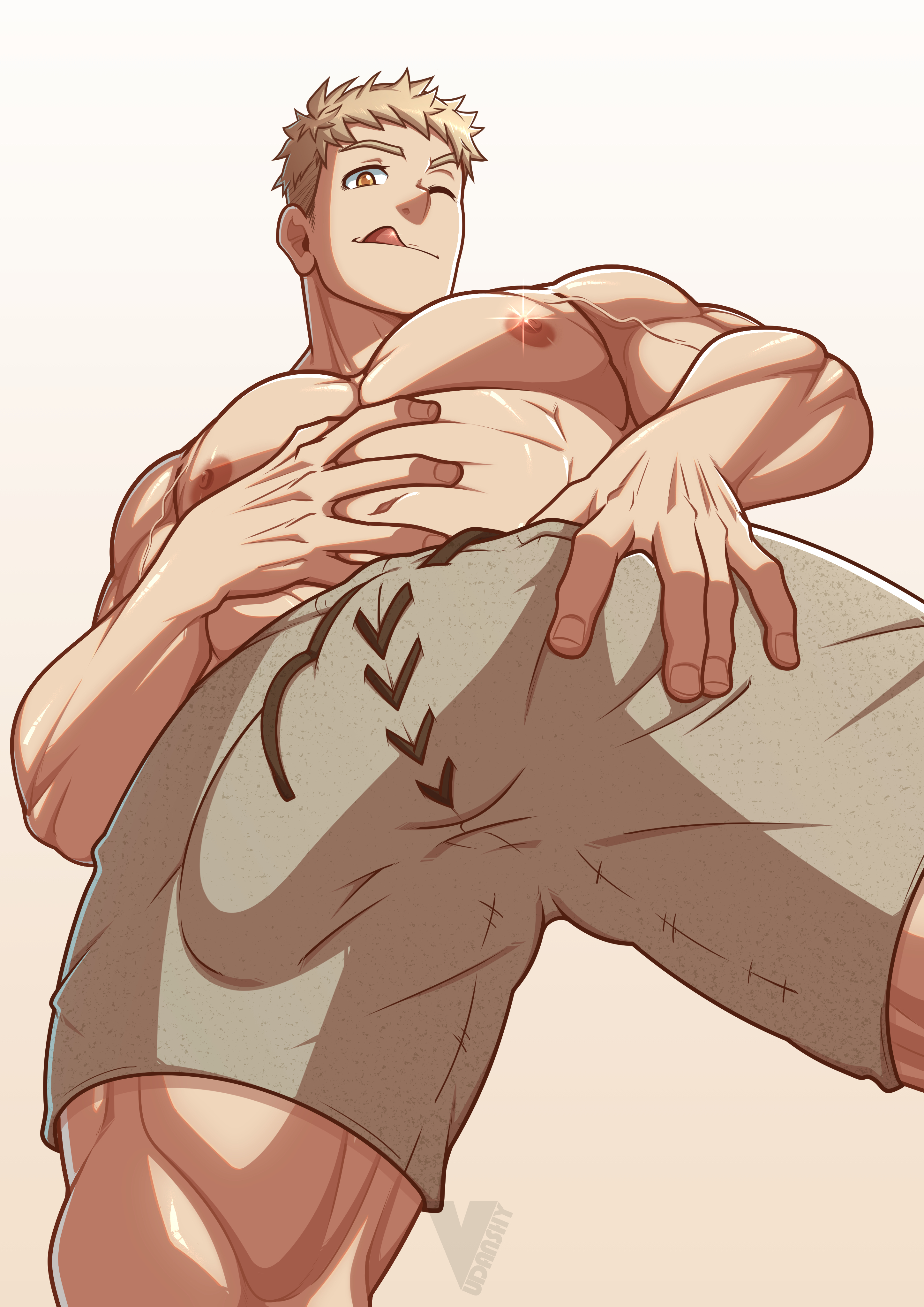 vudanshy, laios touden, dungeon meshi, absurdres, commentary, english commentary, highres, variant set, 1boy, :q, bara, blonde hair, covered penis, from below, hand on own stomach, large pectorals, male focus, muscular, muscular male, nipples, one eye closed, pectorals, short hair, simple background, solo, tongue, tongue out, topless male, veins