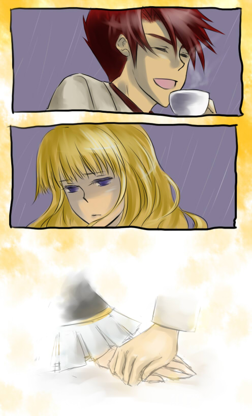 ain, ain (ancongsheng), beatrice (umineko), ushiromiya battler, umineko no naku koro ni, 00s, 1boy, 1girl, :d, ^ ^, alternate hairstyle, blush, closed eyes, closed mouth, comic, cup, frilled sleeves, frills, hetero, holding, holding cup, holding hands, light frown, long hair, long sleeves, open mouth, rain, red hair, shaded face, smile, steam, water