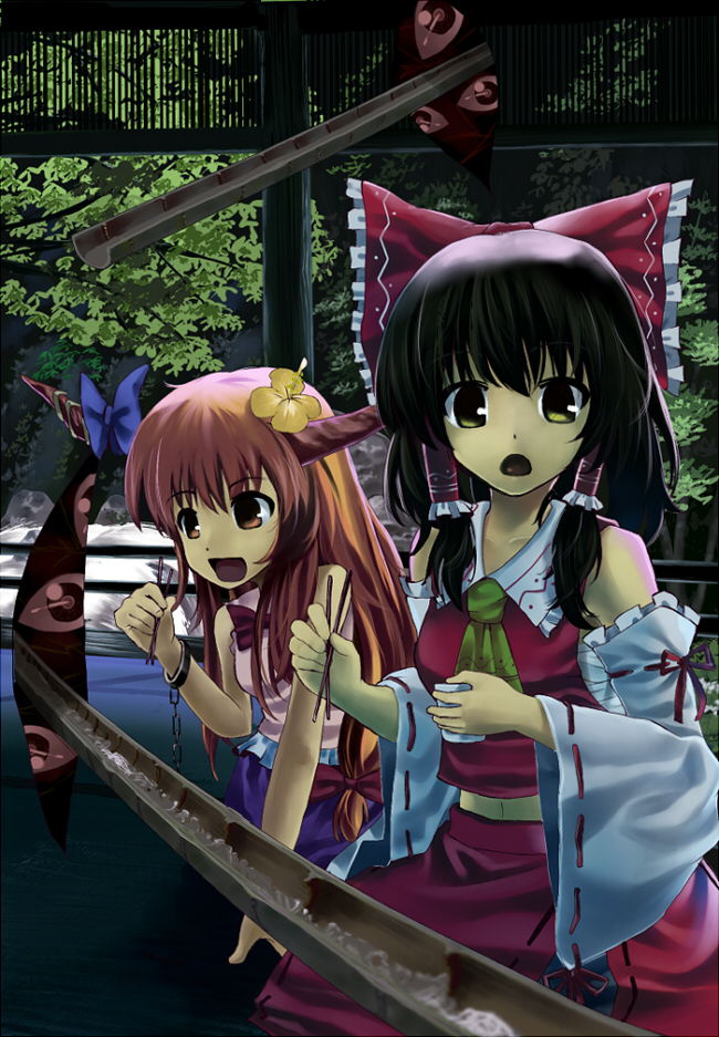 hidebo, hakurei reimu, ibuki suika, touhou, bad id, bad pixiv id, 2girls, black hair, bow, chain, chopsticks, detached sleeves, female focus, flower, gap (touhou), hair flower, hair ornament, horns, japanese clothes, long hair, miko, multiple girls, orange eyes, orange hair, short hair, yellow eyes