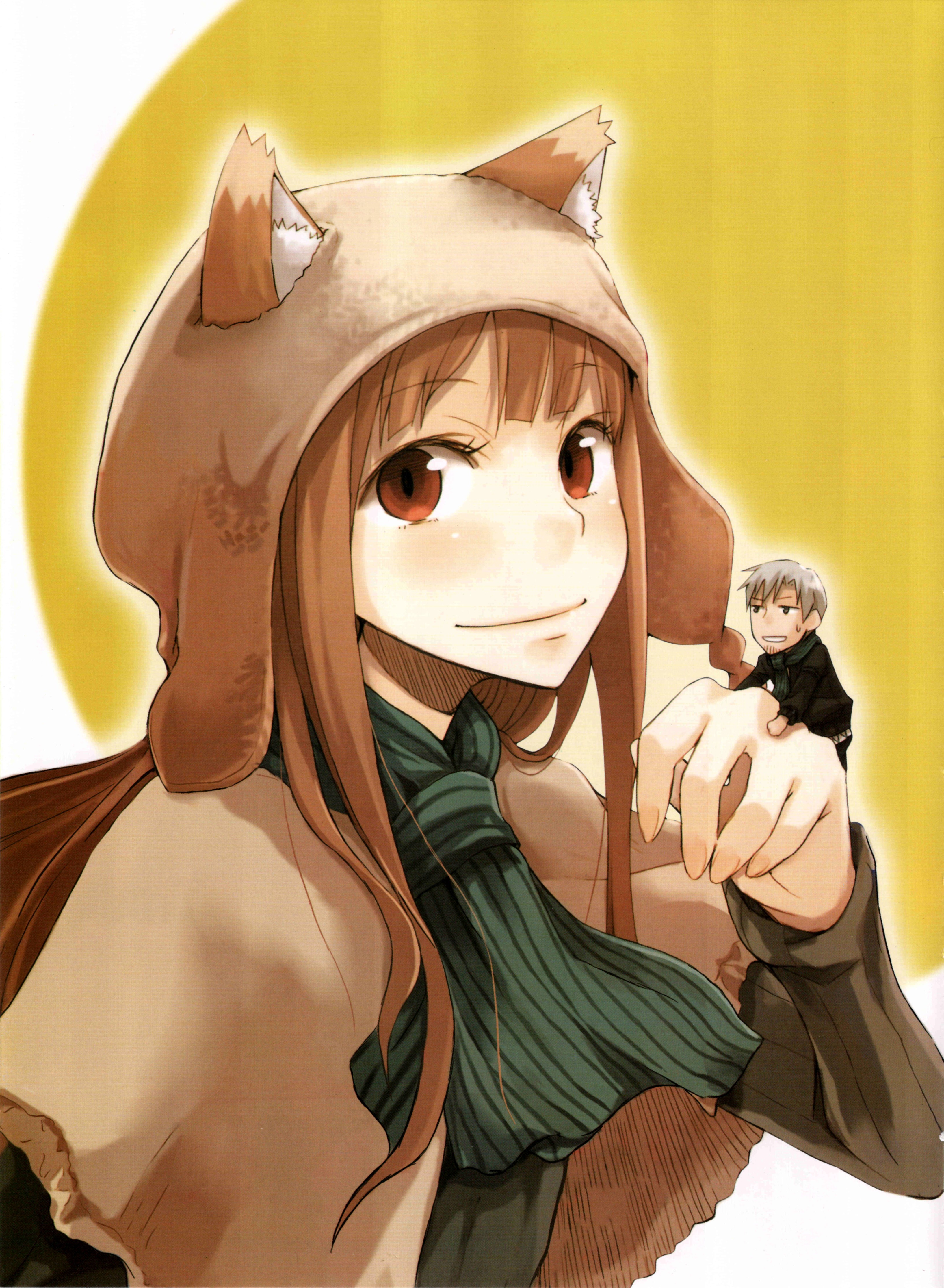 ayakura juu, craft lawrence, holo, spice and wolf, silver hair, absurdres, highres, official art, scan, 00s, 1boy, 1girl, animal ears, beard, brown hair, chibi, facial hair, giant, giantess, hat, long hair, mini person, miniboy, poncho, red eyes, short hair, smile, wolf ears