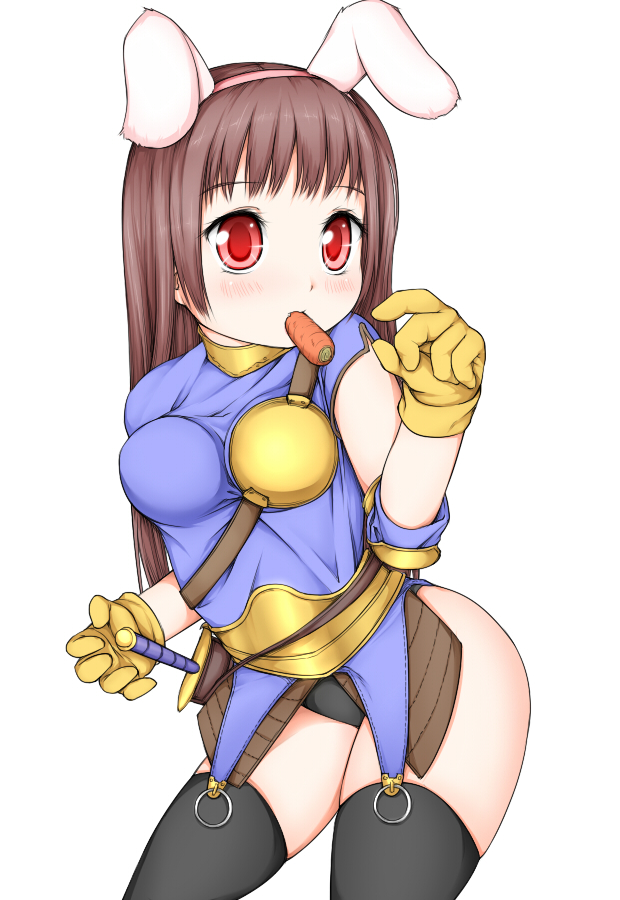 haty, archer (ragnarok online), ragnarok online, commentary request, 1girl, animal ears, armored skirt, black panties, black thighhighs, blue shirt, blush, breasts, brown hair, carrot, cowboy shot, eating, fake animal ears, gloves, long hair, looking at viewer, muneate, panties, rabbit ears, shirt, short sleeves, simple background, solo, thighhighs, underwear, white background, yellow gloves