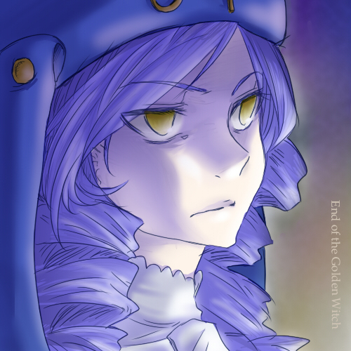 tani42, dlanor a. knox, eiserne jungfrau, umineko no naku koro ni, light purple hair, bad id, bad pixiv id, lowres, 00s, 1girl, close-up, drill hair, english text, female focus, hat, purple hair, solo, yellow eyes