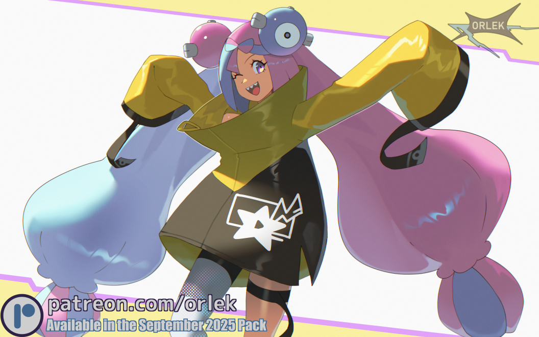 orlek, iono (pokemon), nintendo, pokemon, pokemon sv, commentary, english commentary, 1girl, blue hair, bow-shaped hair, character hair ornament, grey pantyhose, hair ornament, hexagon print, jacket, long hair, long sleeves, looking at viewer, multicolored hair, one eye closed, open mouth, oversized clothes, pantyhose, pink hair, sharp teeth, single leg pantyhose, sleeves past fingers, sleeves past wrists, smile, solo, split-color hair, teeth, two-tone hair, yellow jacket