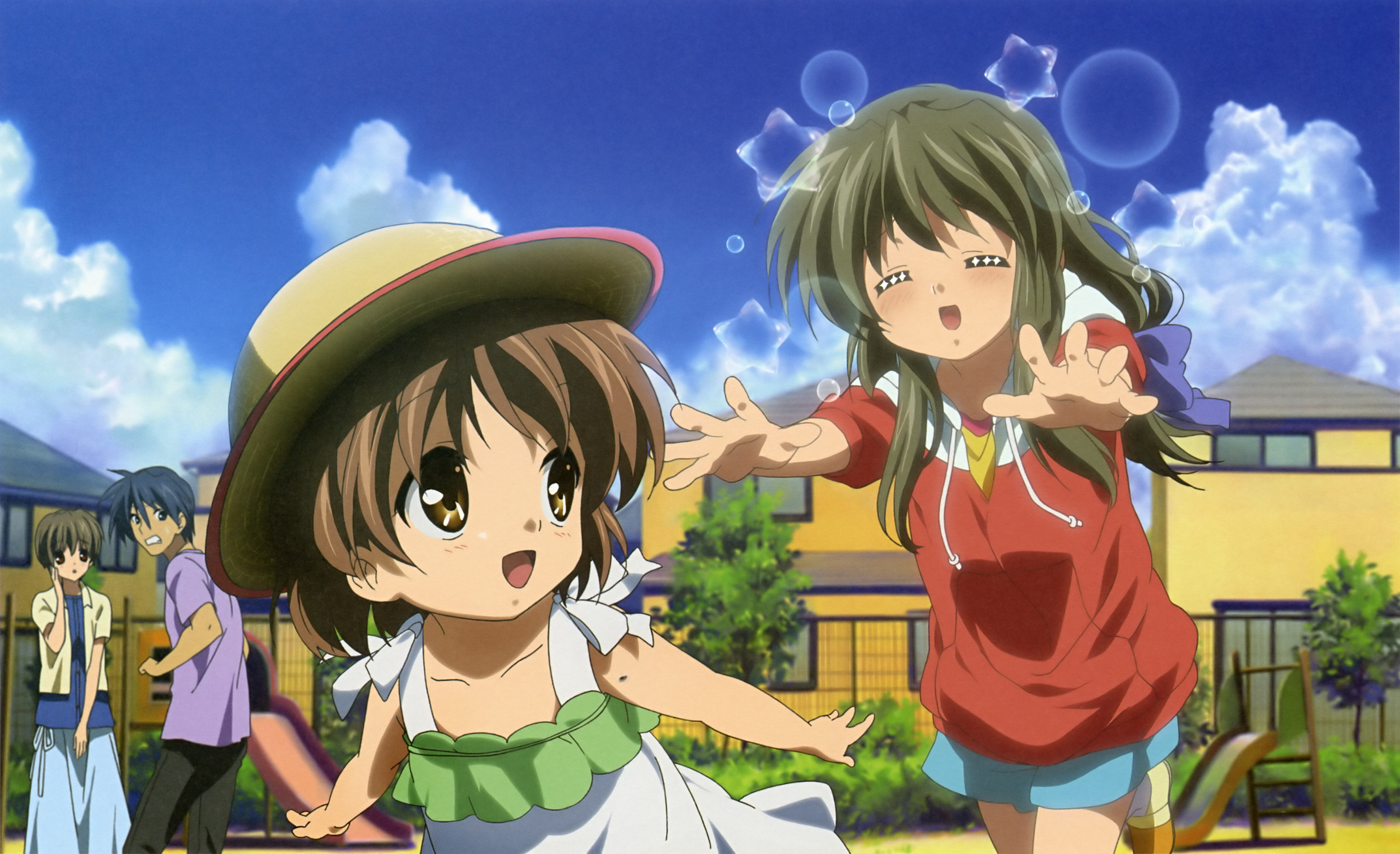 takahashi mariko, ibuki fuuko, ibuki kouko, okazaki tomoya, okazaki ushio, clannad, absurdres, highres, official art, 00s, 1boy, 3girls, blue hair, brown eyes, brown hair, casual, closed eyes, cloud, day, hat, long hair, multiple girls, red eyes, short hair, siblings, sisters, sky