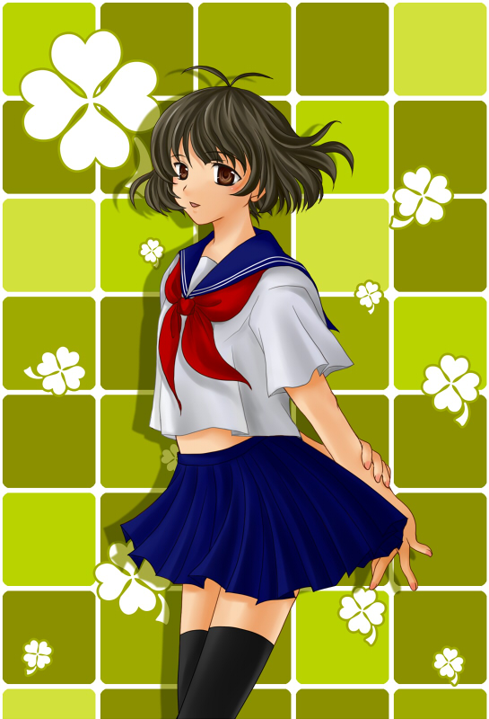 ayase (pixiv165631), ayase (seura), akizuki ryo, idolmaster, idolmaster dearly stars, 00s, 1boy, antenna hair, blush, brown eyes, brown hair, crossdressing, crossdressing (mtf), male focus, open mouth, ribbon, school uniform, smile, solo, thighhighs, trap