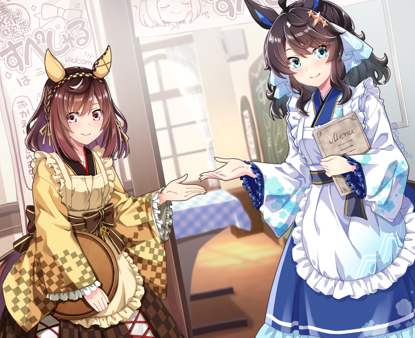 shinohara shinome, buena vista (umamusume), daring tact (umamusume), umamusume, commentary request, 2girls, ahoge, animal ears, apron, black hair, blue dress, blue eyes, blush, braid, breasts, brown hair, checkered hairband, closed mouth, dress, ear covers, hair between eyes, hair ornament, hairband, headband, holding, holding menu, horse ears, horse girl, horse tail, long hair, long sleeves, looking at viewer, medium hair, menu, multiple girls, purple eyes, smile, star (symbol), star hair ornament, tail, waitress, white apron, yellow apron, yellow dress