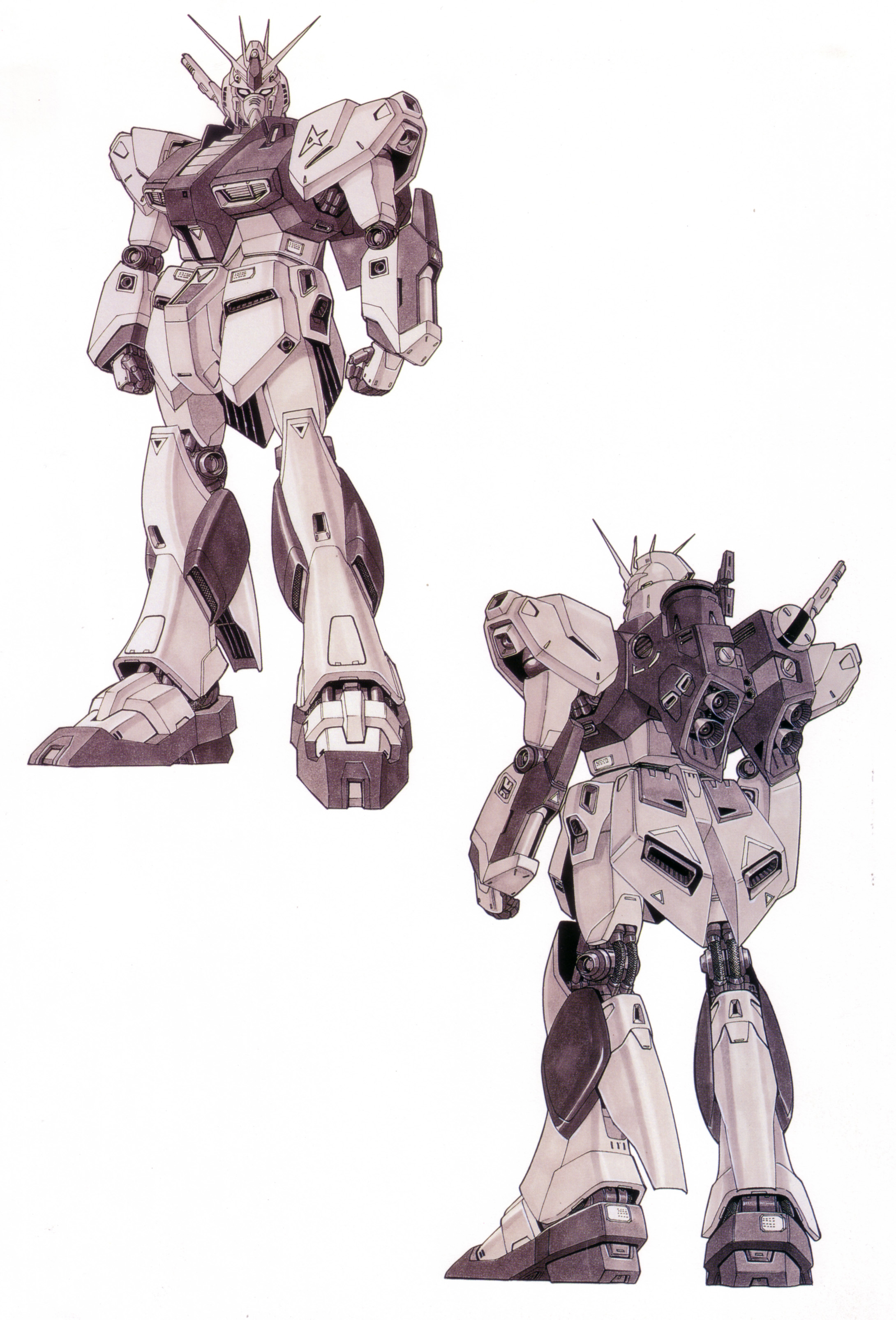 izubuchi yutaka, nu gundam, char's counterattack, gundam, 1980s (style), absurdres, colored pencil (medium), concept art, highres, pen (medium), scan, traditional media, back, looking at viewer, machinery, mecha, mecha focus, mobile suit, monochrome, multiple views, no humans, oldschool, production art, retro artstyle, robot, science fiction, sketch, thrusters, v-fin, white background