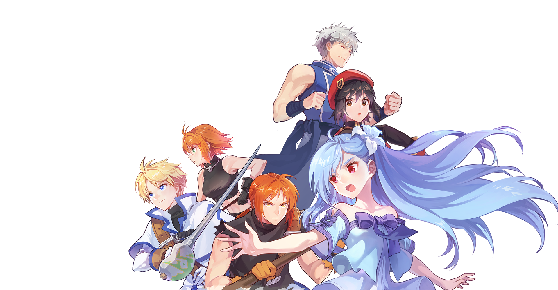 benya (tales weaver), isaac ducastel, lucian kaltz, mila nebraska, sivelin uuo, nexon, tales weaver, white lily, alpha transparency, artist request, highres, official art, second-party source, 3boys, 3girls, ahoge, asymmetrical bangs, baggy pants, bare arms, bare shoulders, belt, belt buckle, beret, black belt, black hair, black shirt, black shorts, black sleeves, blonde hair, blue eyes, blue hair, blue jacket, blue shirt, blue sleeves, blush, bow, breasts, brown eyes, buckle, capelet, capelet belt, clenched hand, closed eyes, closed mouth, coat, collarbone, crop top, cropped shirt, detached sleeves, flower, gloves, grey hair, hair between eyes, hat, holding, holding polearm, holding weapon, holding whip, jacket, jewelry, large breasts, lily (flower), long hair, long sleeves, multiple boys, multiple girls, muscular, muscular male, necklace, open mouth, orange gloves, orange hair, pants, polearm, purple bow, red eyes, red hat, saber (weapon), shirt, shirt bow, short sleeves, shorts, shoulder belt, simple background, skull necklace, sleeve bow, sleeve cuffs, sleeveless, sleeveless shirt, strapless, strapless shirt, sword, torn clothes, torn shirt, transparent background, turtleneck, turtleneck shirt, upper body, very long hair, weapon, white capelet, white coat, white gloves, white pants, white sleeves, wide sleeves, wing collar, wristband