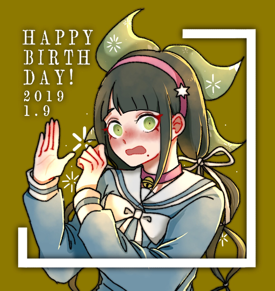 kiri (2htkz), chabashira tenko, danganronpa (series), danganronpa v3: killing harmony, commentary request, 1girl, bell, black hair, blue shirt, blunt bangs, blush, bow, choker, collared shirt, dated, eyelashes, green background, green eyes, green ribbon, hair ribbon, hairband, hands up, happy birthday, long hair, long sleeves, mole, mole under mouth, neck bell, open mouth, pink choker, pink hairband, ribbon, sailor collar, shirt, solo, twintails, upper body, white bow, white ribbon, white sailor collar