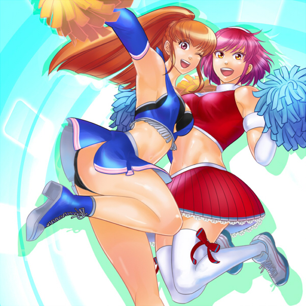 numejiro, amemiya sayaka, shirosaki rin, osu! tatakae! ouendan, 2girls, cheerleader, midriff, multiple girls, navel, panties, pantyshot, pom pom (cheerleading), ponytail, thighhighs, underwear, wink
