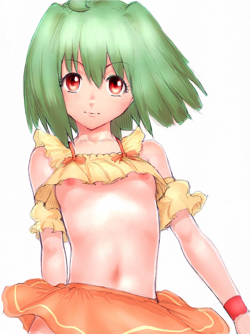 fumio (rsqkr), ranka lee, macross, macross frontier, 00s, 1girl, breasts, crop top, female focus, flapper shirt, flat chest, green hair, loli, midriff, navel, nipples, no bra, red eyes, shirt, short hair, skirt, solo, underboob, upshirt