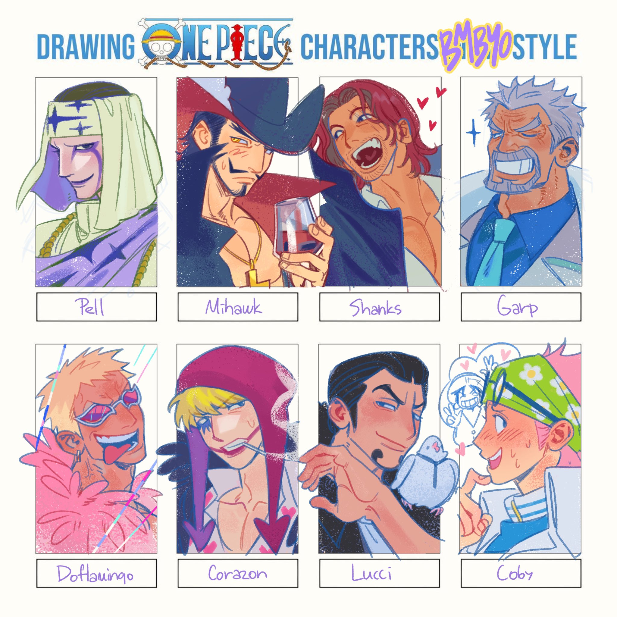 bombyoon, donquixote doflamingo, donquixote rocinante, dracule mihawk, hattori (one piece), koby (one piece), monkey d. garp, monkey d. luffy, pell (one piece), rob lucci, shanks (one piece), one piece, commentary, english commentary, highres, 6+boys, animal, animal on shoulder, beard, bird, bird on shoulder, blonde hair, blush, brothers, copyright name, cross pendant, cup, eyewear on head, facial hair, goatee, hat feather, headscarf, heart, holding, holding cup, hood, male focus, multiple boys, one eye closed, pigeon, pink hair, red hair, short hair, siblings, sparkle, tongue, tongue out