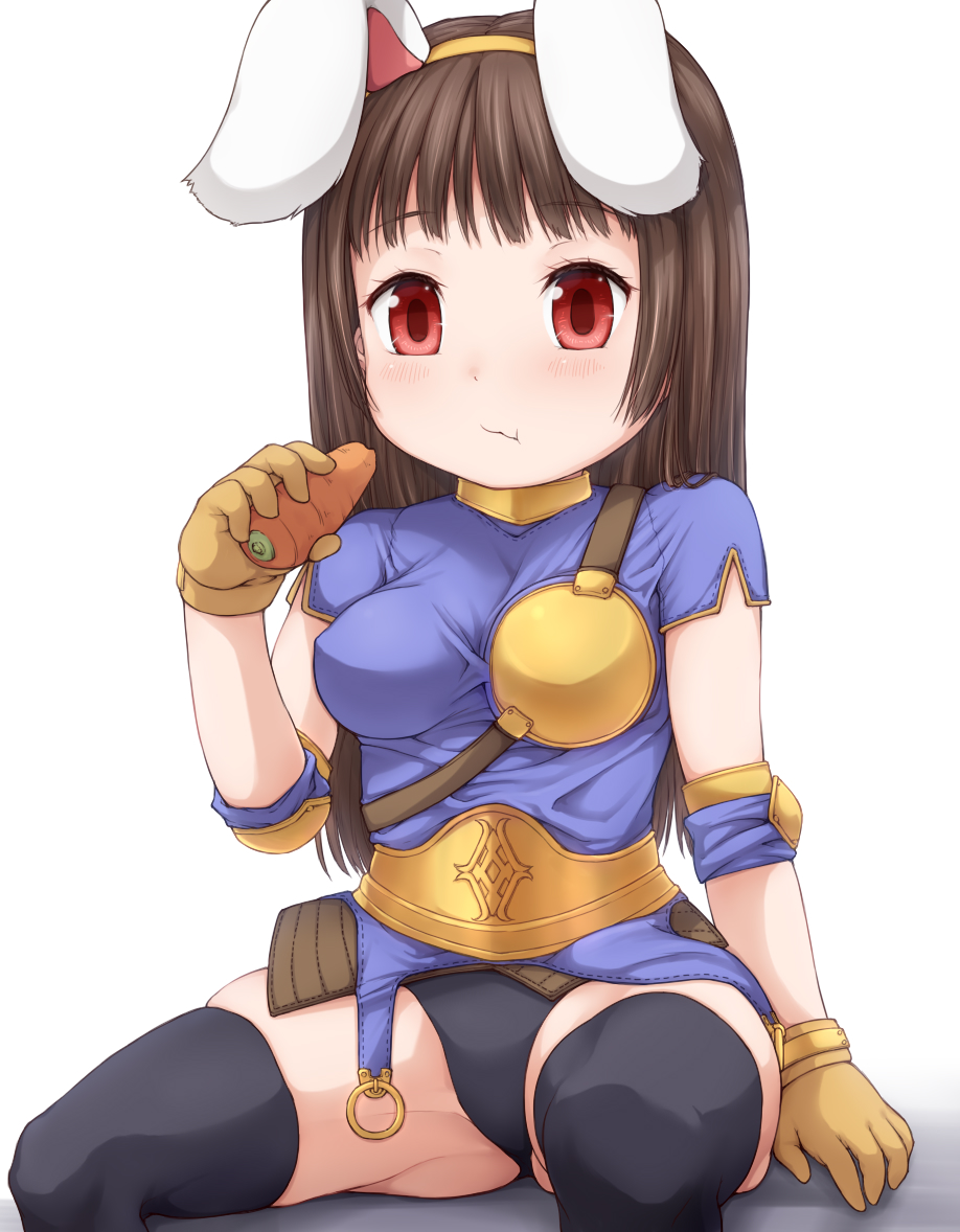 haty, archer (ragnarok online), ragnarok online, commentary request, 1girl, :t, animal ears, black panties, black thighhighs, blue shirt, blush, breasts, brown gloves, brown hair, carrot, eating, fake animal ears, feet out of frame, gloves, long hair, looking at viewer, medium breasts, muneate, panties, rabbit ears, red eyes, shirt, short sleeves, simple background, sitting, solo, thighhighs, underwear, white background