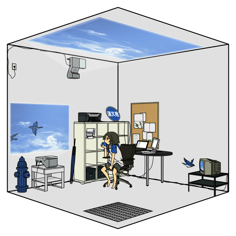 uewtsol, ruri (uewtsol), akg, original, bad id, bad pixiv id, translated, 1girl, apple, barefoot, bird, chair, cloud, computer, computer keyboard, eating, female focus, fire hydrant, food, fruit, headphones, laptop, oil-paper umbrella, printer, projector, raglan sleeves, sky, solo, television, umbrella