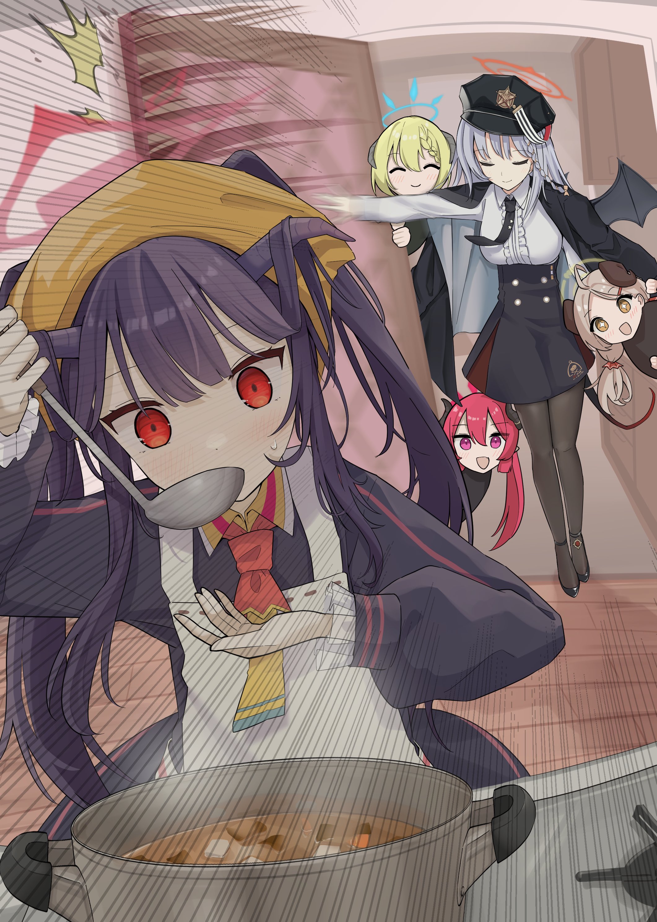 mosae, akari (blue archive), fuuka (blue archive), haruna (blue archive), izumi (blue archive), junko (blue archive), blue archive, absurdres, commentary, highres, symbol-only commentary, 5girls, ^ ^, apron, black hair, black hat, black pantyhose, blonde hair, braid, breasts, closed eyes, cooking pot, door, emphasis lines, food, gourmet research society (blue archive), hair between eyes, hair ornament, hairclip, halo, hat, headscarf, holding, holding ladle, horns, ladle, long hair, long sleeves, multiple girls, necktie, open mouth, pantyhose, pointy ears, red eyes, red hair, shirt, side braid, skirt, sweat, tail, white apron