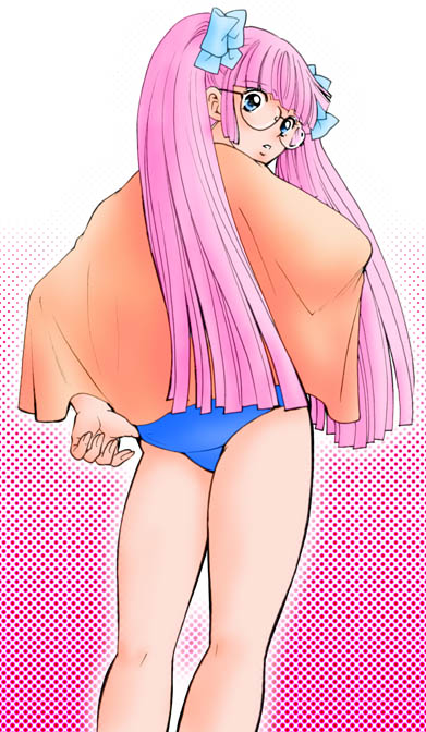 chabudai (chabu), kanda aoi, osu! tatakae! ouendan, 1girl, adjusting clothes, adjusting swimsuit, blue eyes, female focus, from behind, glasses, hair ribbon, halftone, halftone background, long hair, looking back, pink hair, ribbon, solo, swimsuit, towel, twintails