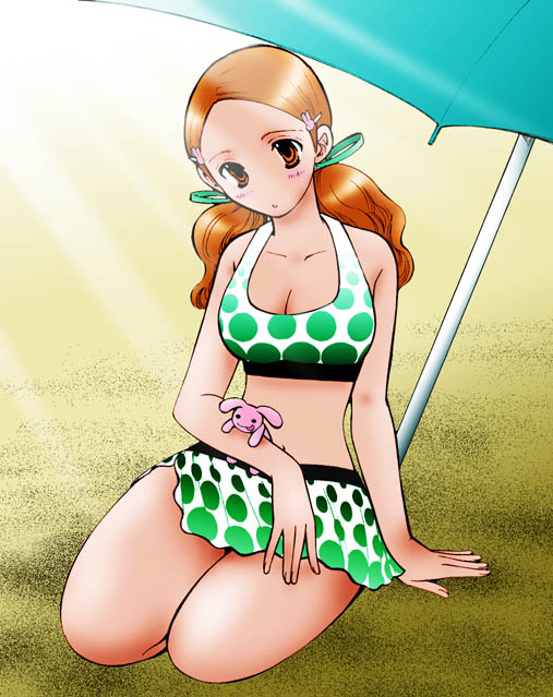 chabudai (chabu), kawai honoka (ouendan), osu! tatakae! ouendan, 1girl, beach, beach umbrella, bikini, bikini skirt, breasts, brown hair, cleavage, day, female focus, hair ornament, hairpin, large breasts, light rays, no nose, parasol, polka dot, red hair, skirt, solo, sunbeam, sunlight, swimsuit, umbrella