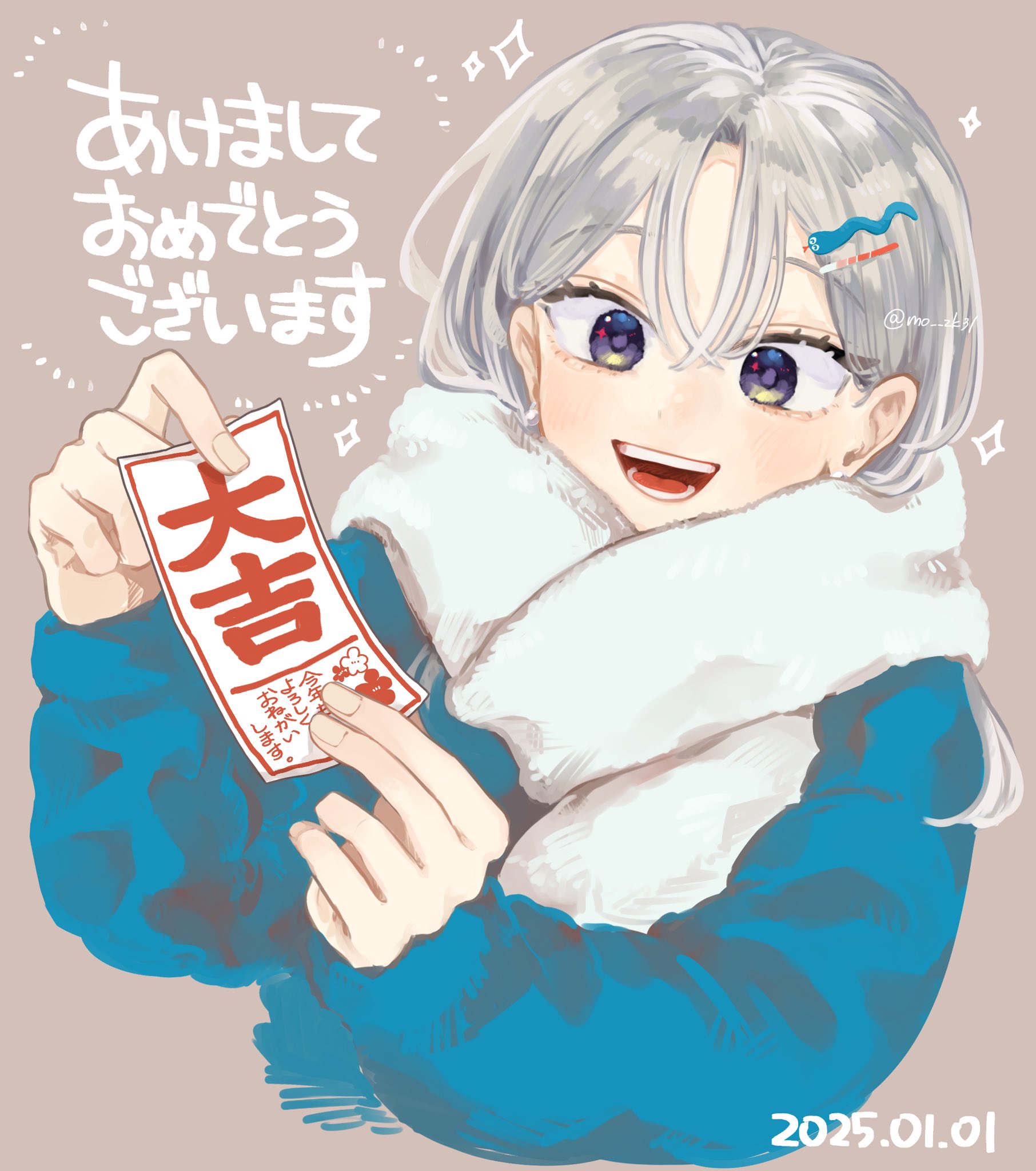 kishikawa mizuki, commentary request, highres, official art, 1girl, 2025, cropped torso, dated, grey hair, holding omikuji, kuso onna ni sachi are, looking at viewer, nishikawa remon, omikuji, open mouth, scarf, smile, solo, sparkle, teeth, tongue, upper body