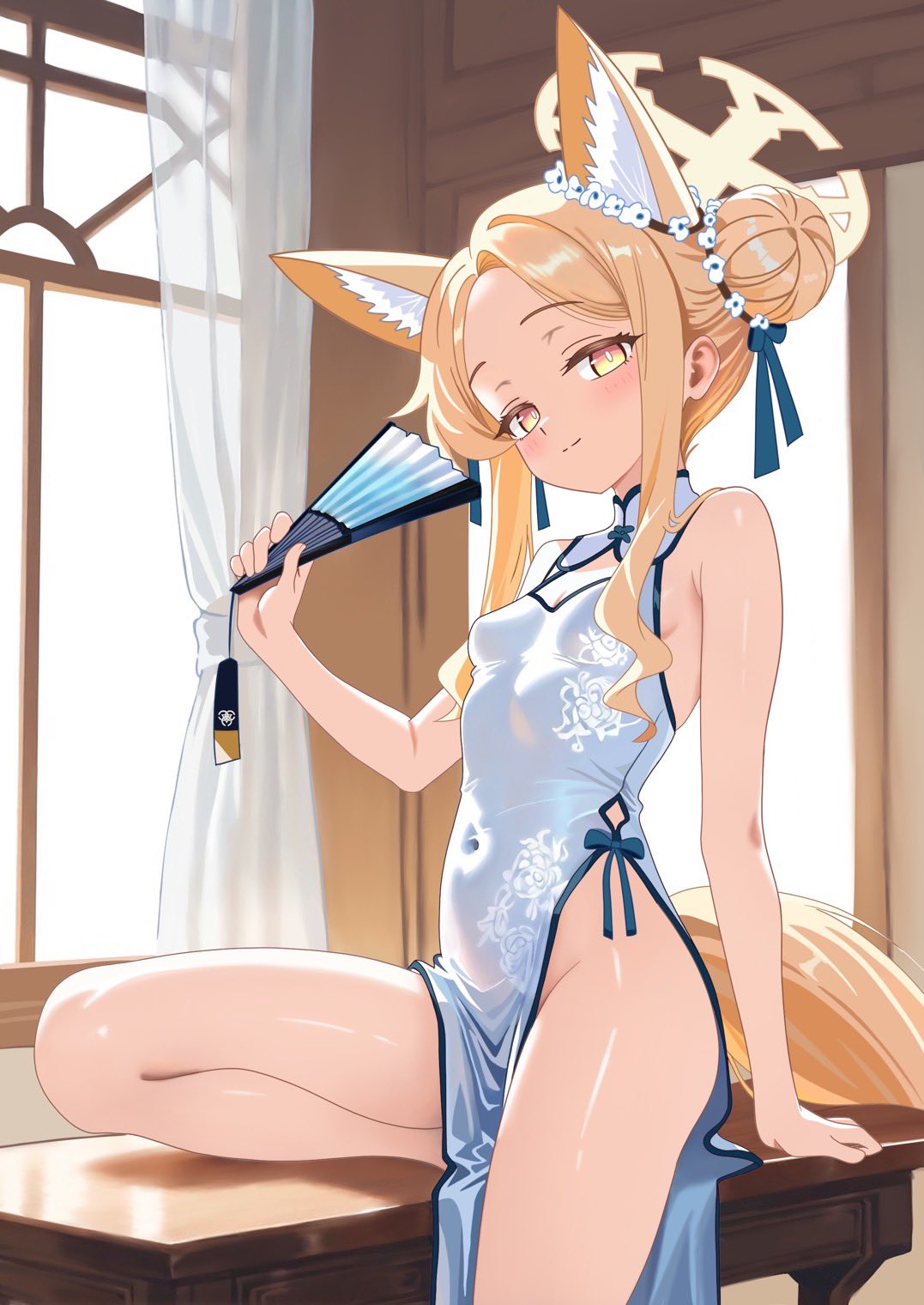 rin (rin0214tw), seia (blue archive), blue archive, commentary request, highres, 1girl, alternate costume, alternate hairstyle, animal ears, bare shoulders, blonde hair, blue dress, blue shoes, blush, breasts, china dress, chinese clothes, double bun, dress, folded fan, folding fan, fox ears, hair bun, halo, hand fan, hand up, holding, holding fan, light smile, long hair, looking at viewer, multicolored eyes, pelvic curtain, pink eyes, shoes, signature, small breasts, solo, very long hair, yellow eyes, yellow halo